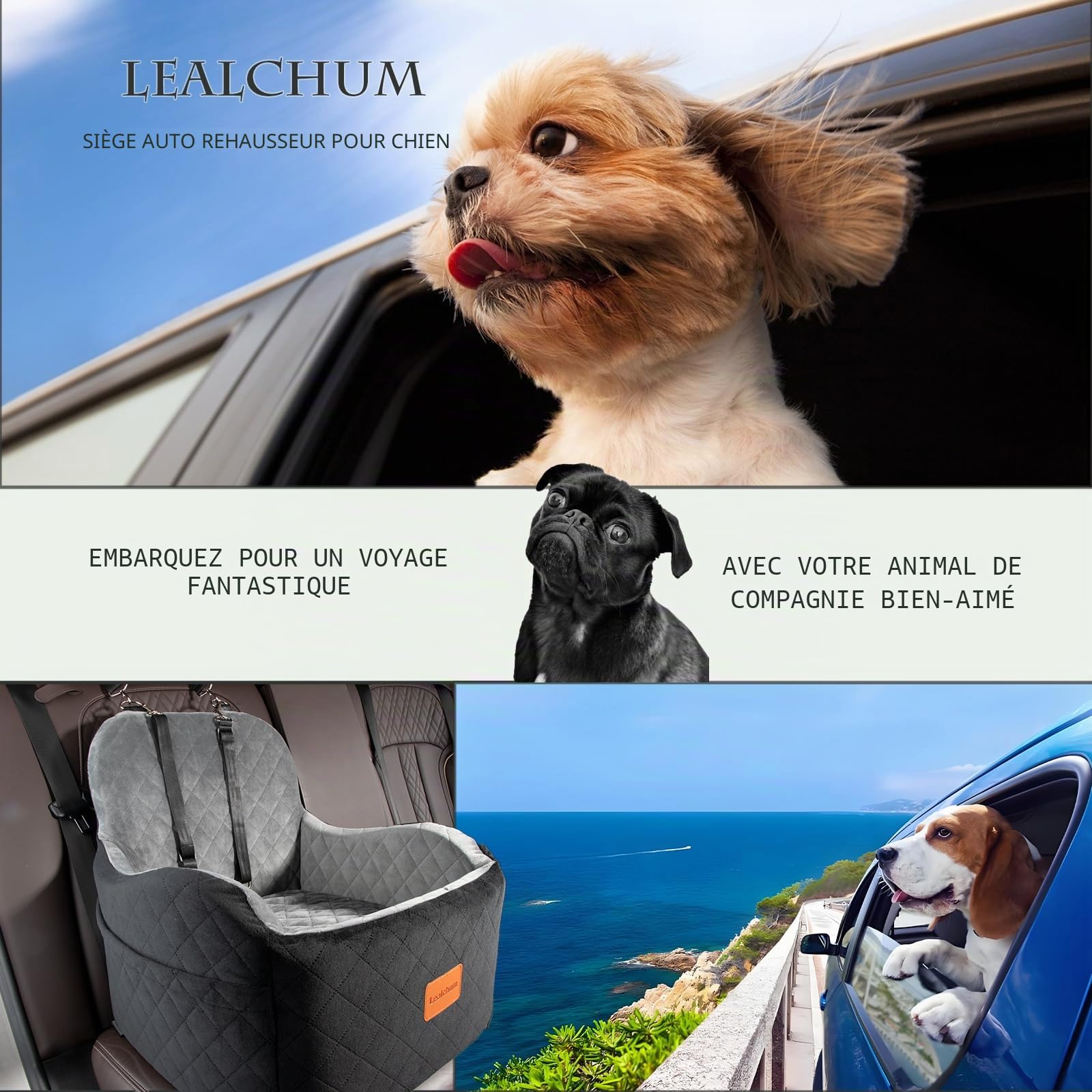 Lealchum Siège de voiture rehausseur pour chiens S/M, coussin surélevé doux de 15,2 cm, s'adapte aux sièges avant/arrière, amovible et lavable, 2 poches de rangement