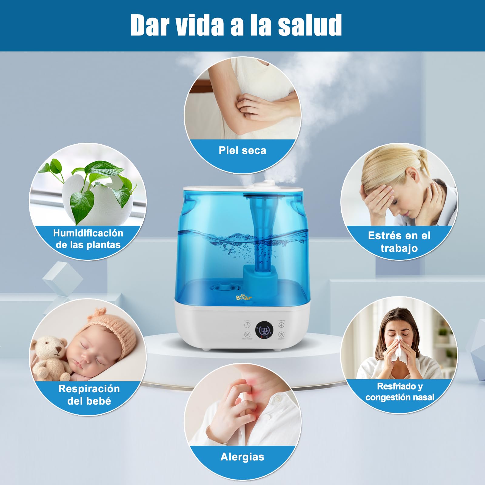 Bear Humidificador 6L Top Fill Humidifier, Temporizador, Modo Sleep, Humedad Constante, Disco Aromático, Boquilla Doble Giratoria 360°, 28db Ultra Silencioso