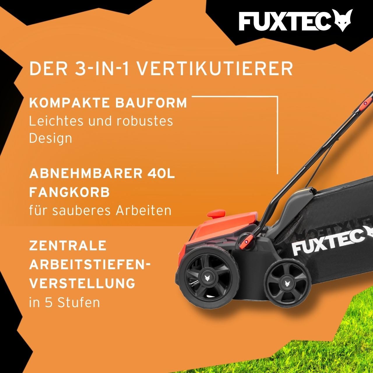 Fuxtec Elektro-Vertikutierer FX-EV320ECO, Rasenlüfter mit 1300 Watt Power, 32 cm Arbeitsbreite und Tiefeneinstellungen von -12 bis +10 mm, 40 L Grasfangkorb