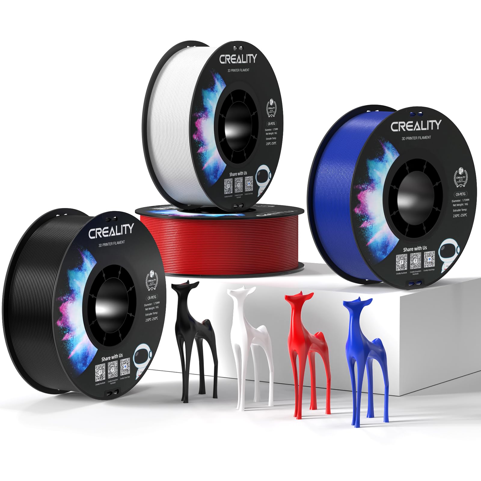 Creality Filament officiel PETG noir + blanc + rouge + bleu, filament PETG pour imprimante 3D - 1,75 mm - 4 kg - Sans emmêlement - Forte adhérence et performance en surplomb - Précision dimensionnelle