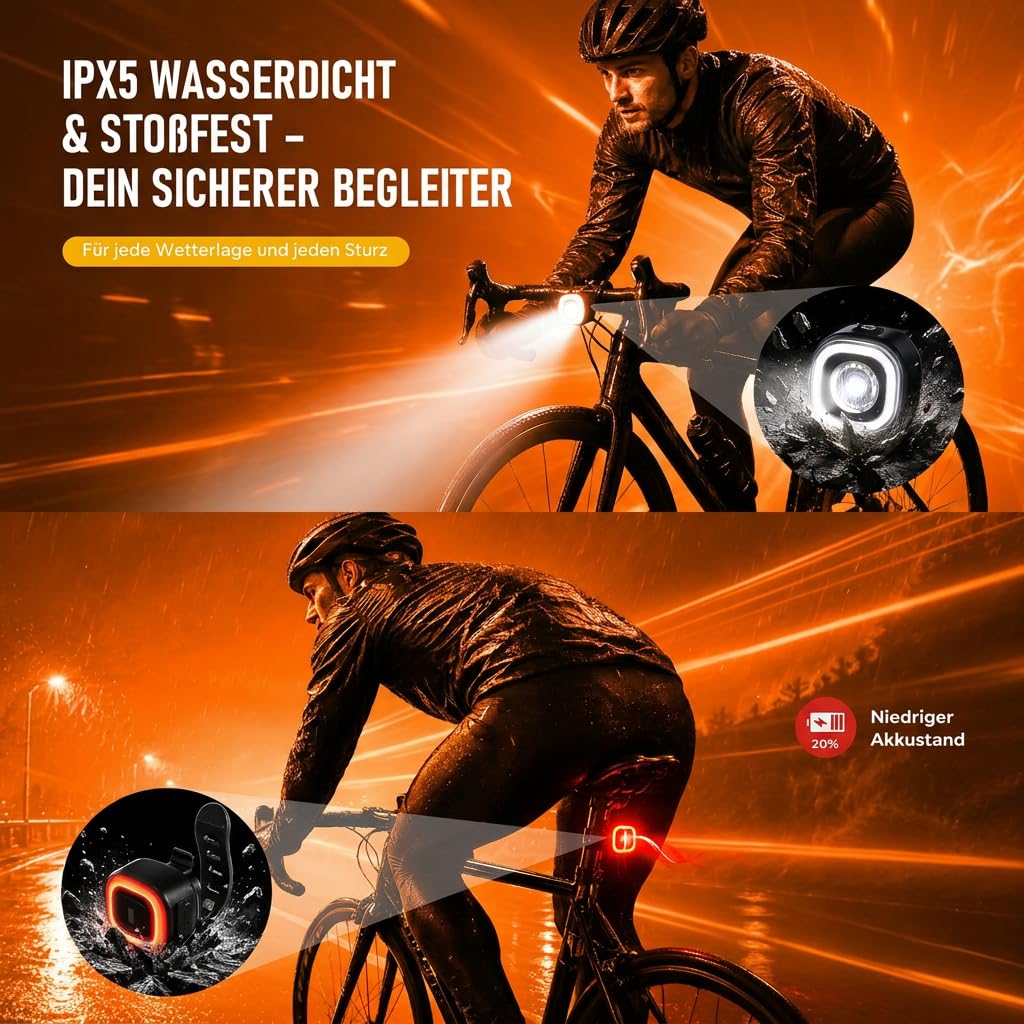 Kit d'éclairage LED pour vélo homologué StVZO - Rechargeable avec feu stop intelligent - Étanche IPX5 et résistant aux chocs - Kit de lampes de vélo USB-C pour vélo d'enfant, vélo électrique, VTT