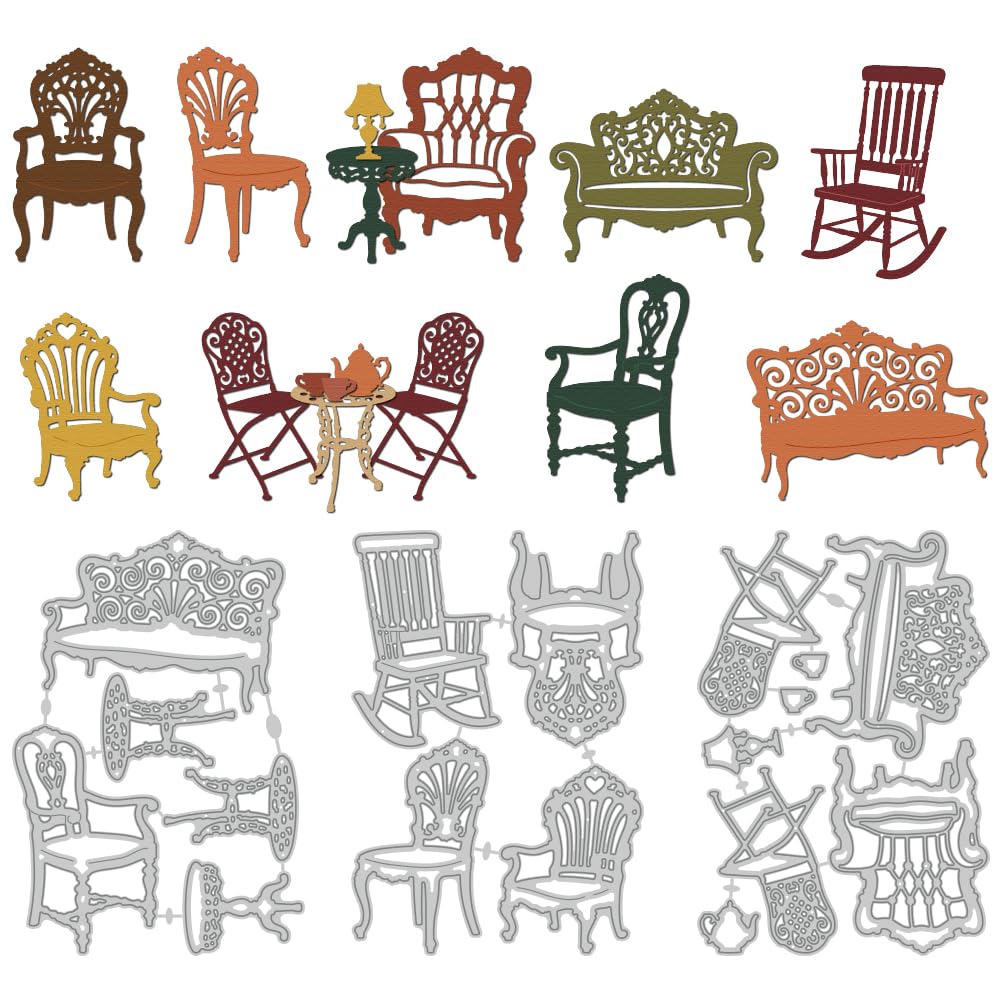 DELORIGIN Vinitage Chair Cutting Dies Tables Chairs Making Die Cut Carbon Steel Die Cuts Stencils Blessing Card Scrapbooking Embossing Template Dies for Birthday Greeting Card Album Decor