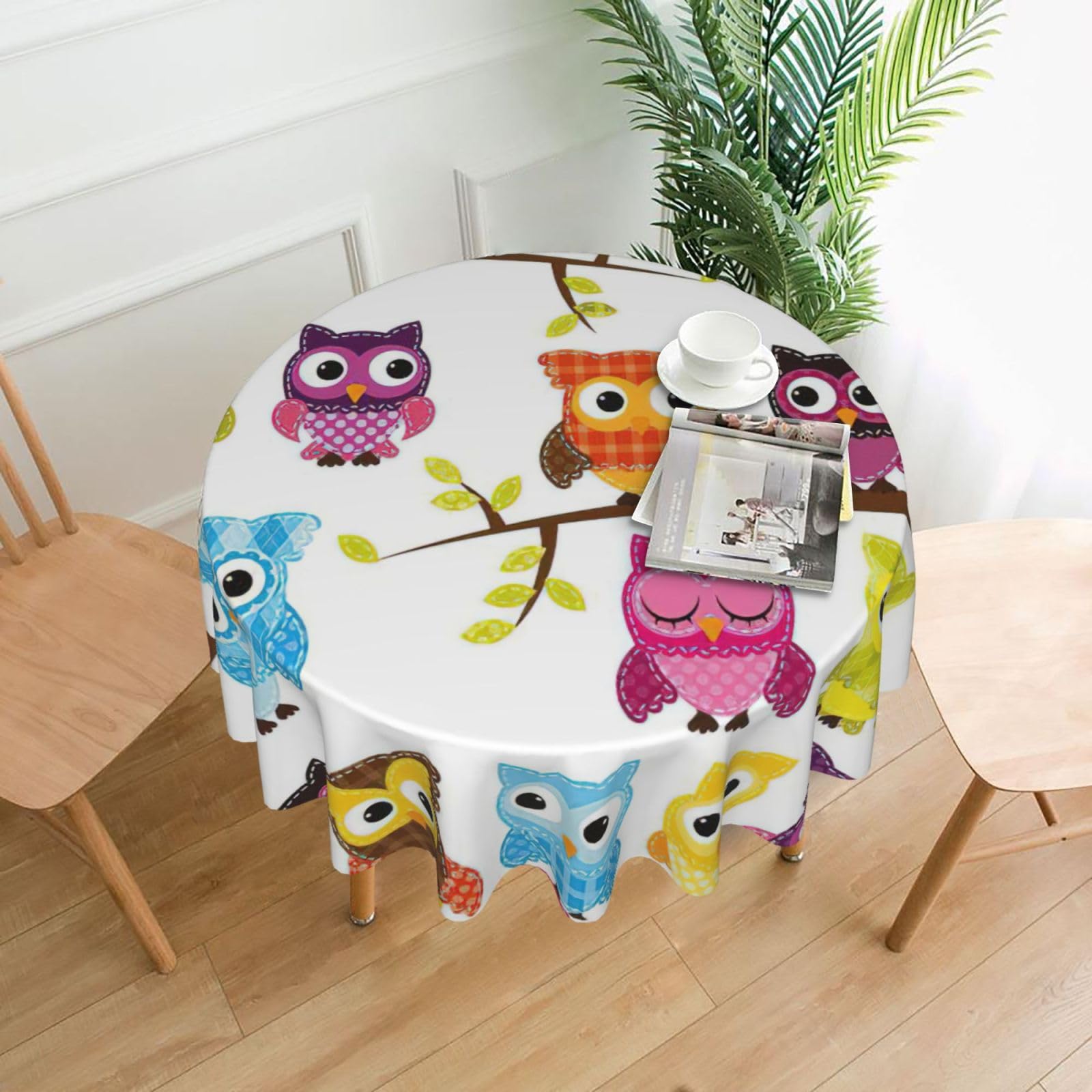 OXbnmm Owls on Tree Branches Print Soft Round Tablecloth 60in Polyester Washable Cover Cozy Gift for Mom Housewarming