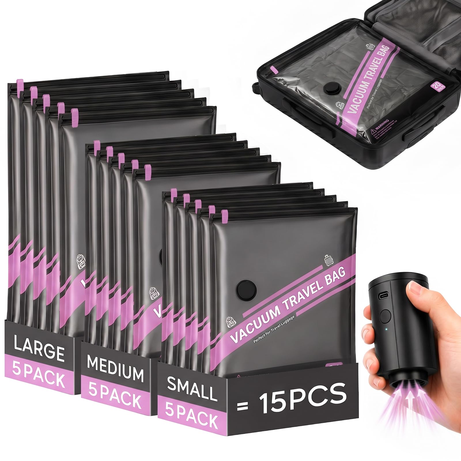 ZOESTORAGE Vacuum Bags for Travel with Electric Pump, 18 Pack Travel Vacuum Bags with Pump for Clothes, Luggage, Blankets, Vacuum Storage Bags for Clothes (5L, 5M, 5S, 3 Shoe Bags), Pink
