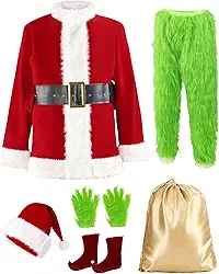 Christmas Costume for Men 7PCS Deluxe Adult Santa Outfit Suit Furry Professional Xmas Halloween Monster Cosplay Adults