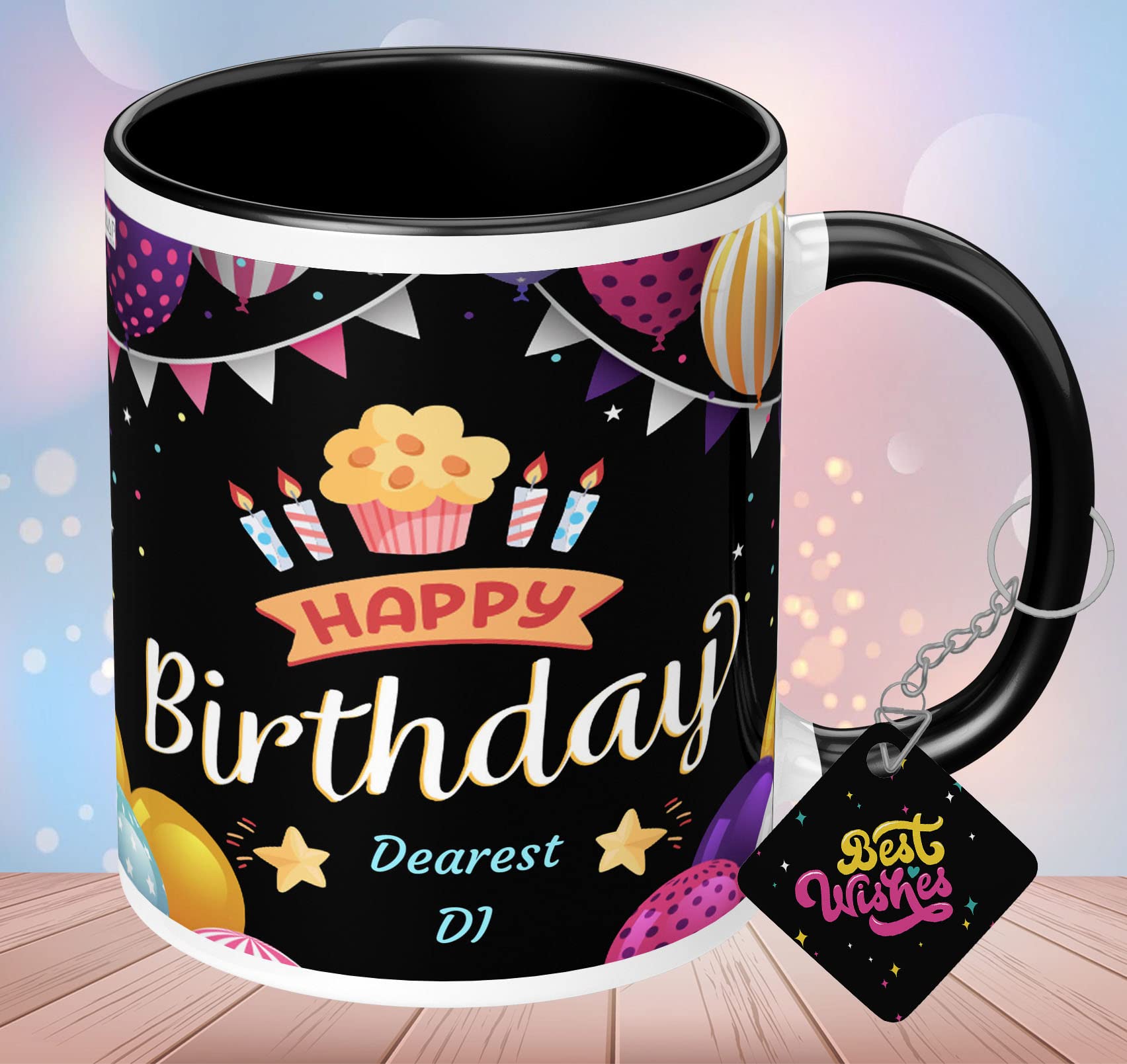 NH10 DESIGNS Happy Birthday Dearest Di Printed Black Text Quote Family Name Printed Mug with Keychain for Di Written Mug Birthday Gift for Di Mug Gift for Di (HBD3TMKV 50)