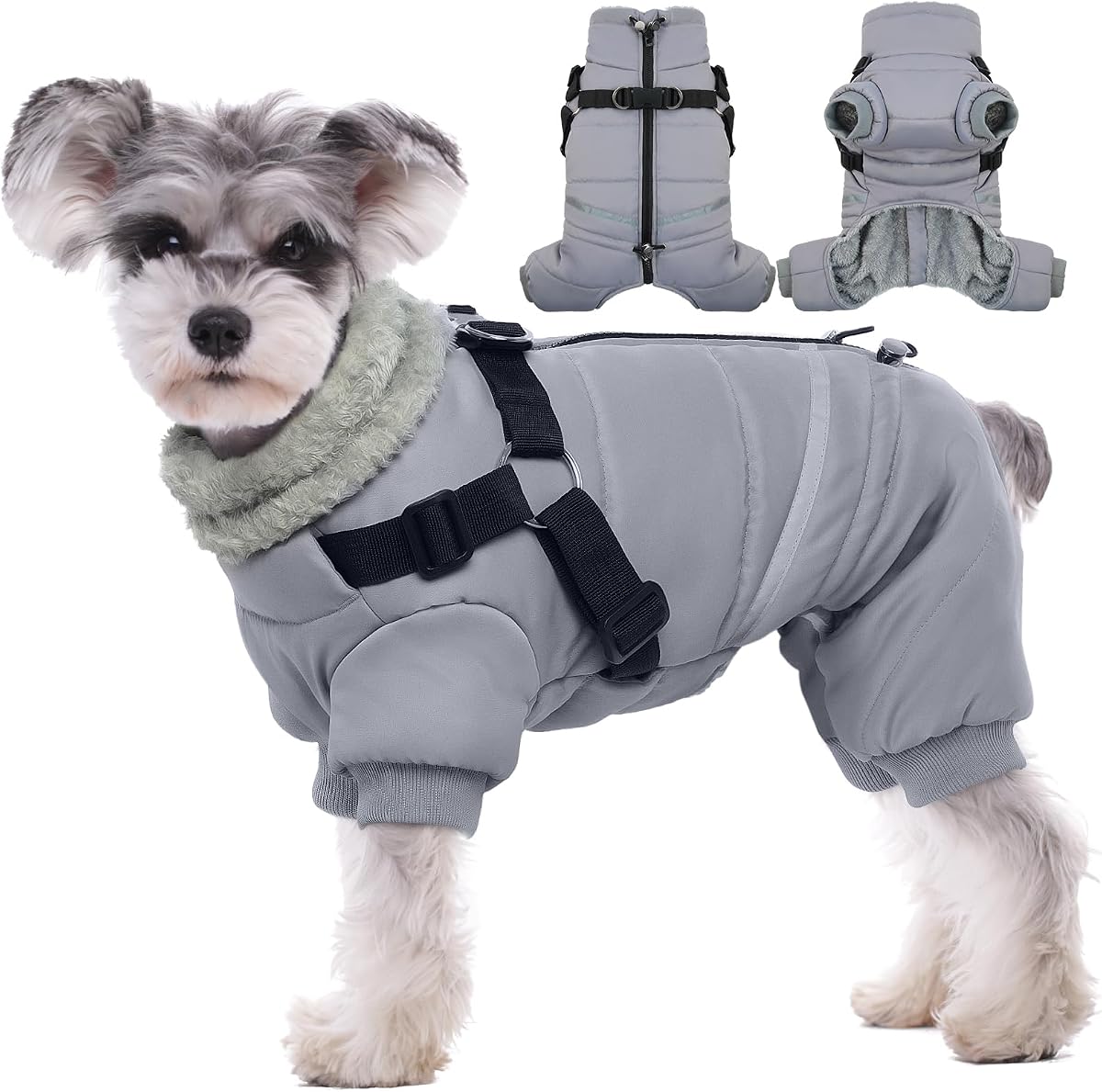 BRKURLEG Abrigo de invierno para perros grises, acogedoras chaquetas de invierno para perros, abrigo para perros pequeños con arnés, chaqueta cálida para cachorros, chaquetas reflectantes para mascotas a prueba de viento para clima frío, abrigos acolchados de cuatro patas para cachorros, XL