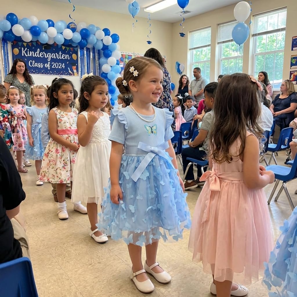Children's Girls' Dress Tulle Dress Sleeves Ruffled Puff Sleeves A-line with Bow Festive Outfit Gift 1-6 Years Size 98-122 4-5 years #5 Blue One Bow