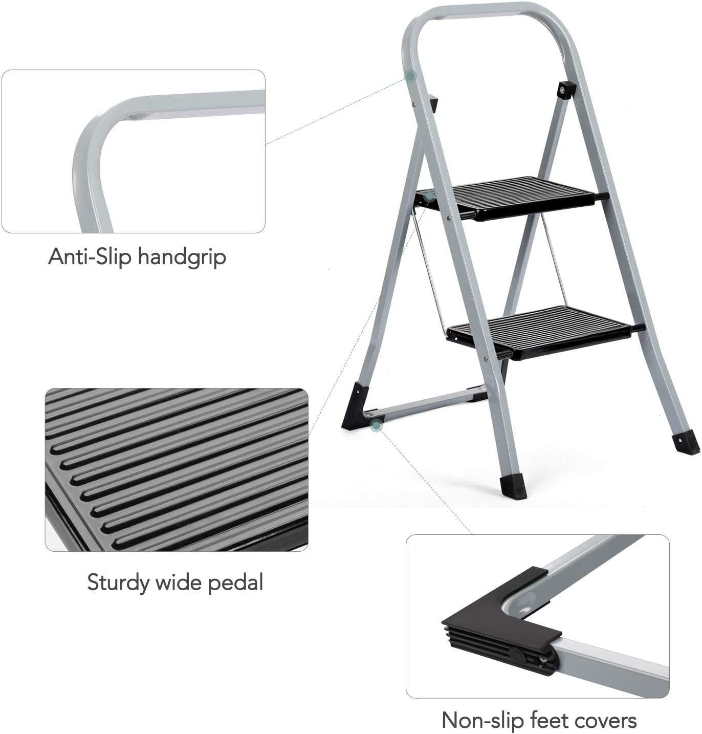 Delxo 2 Step Ladder Folding Step Stool Ladder with Handgrip Anti-Slip Sturdy and Wide Pedal Multi-Use for Household and Office Portable Step Stool Steel 300lbs Gray (2 Feet) - - 