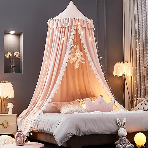 Kertnic Toldo de cama para niñas, toldo de princesa rosa suave con volantes, decoración de lazo de ensueño, toldos de cama para habitación de los