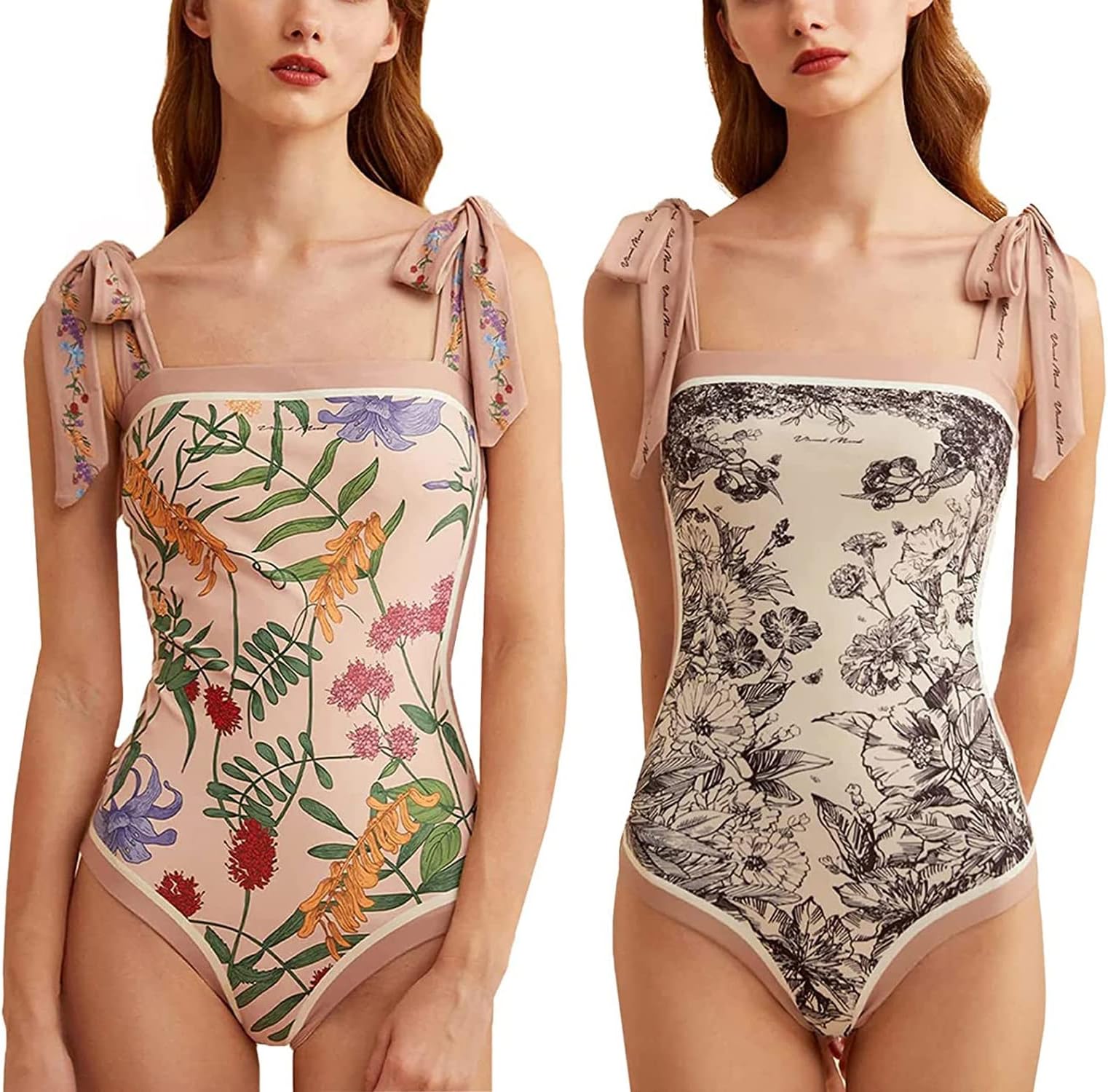 QBLITWomen Floral One Piece Swimsuits,Reversible Tie Shoulder Monokini,Tummy Control Bathing Suits,Square Neck Swimwear (Color : Light Pink, Size : Medium)