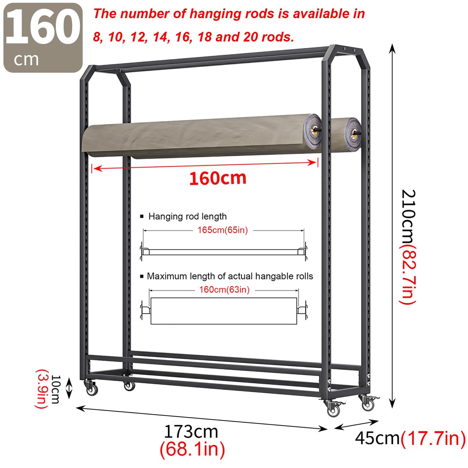 Large Metal Wallpaper Display Rack Cart with Adjustable Hanging Rod, Commercial Organizer Holder for Vinyl Roll/Car Color Change Film/Tablecloth/Wrapper/Wallpaper, Save Space(8 rods,H210cm-W160cm)