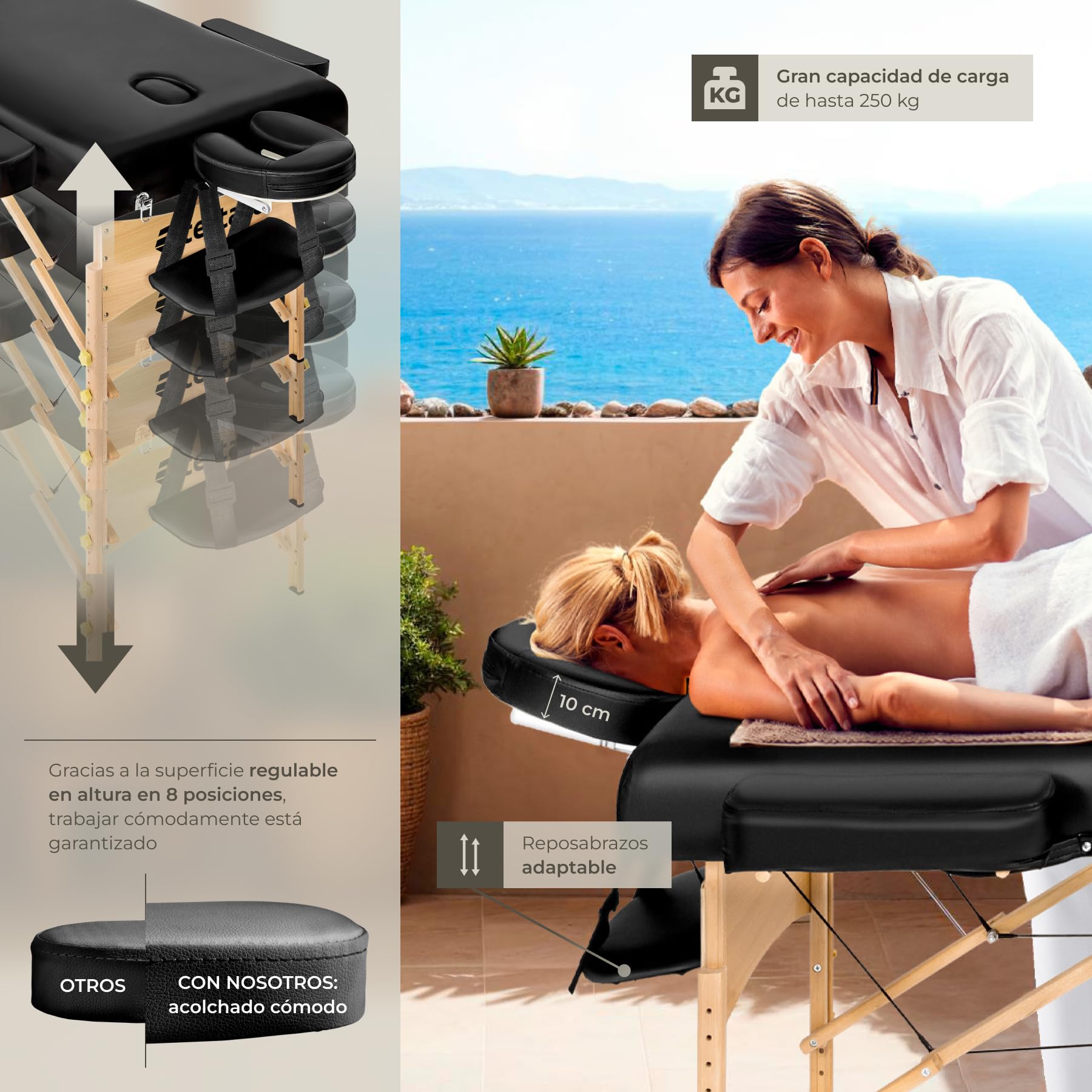 tectake® Camilla Masaje Plegable de Madera, Camilla Profesional para Fisioterapia, Quiromasaje, Tatoos, Reiki, con Taburete, Cojines y Bolsa Transporte - Negro