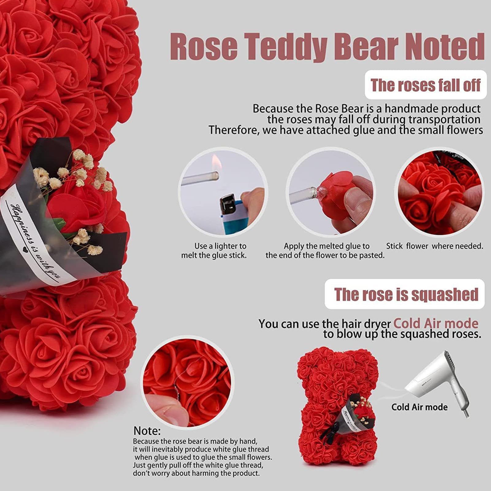 Oso rosa con caja de regalo, oso de rosa artificial con ramo de rosas, regalo romántico para Navidad, día de San Valentín, cumpleaños, día de la madre, aniversario (24 x 16 cm)