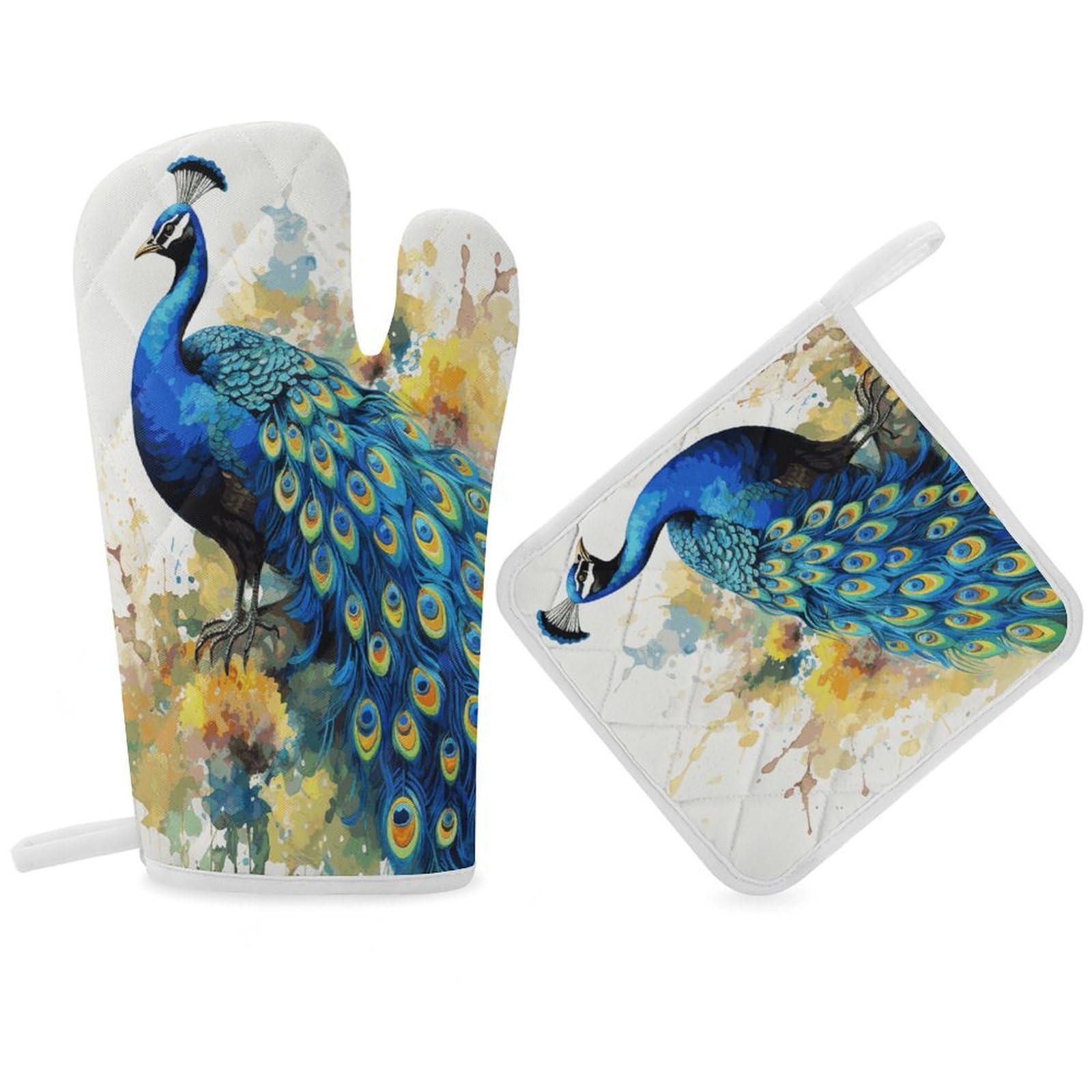 Peacock Watercolor Painting Oven Mitt Thick Substantial Heat Insulation Gloves Soft Skin-Friendly Temperature Resistant Oven Mitts for Cooking Lover Cooks
