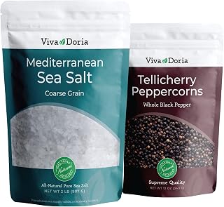 Viva Doria Tellicherry Black Peppercorns 12oz & Mediterranean Sea Salt 2lb - Premium Grinder Refill Set