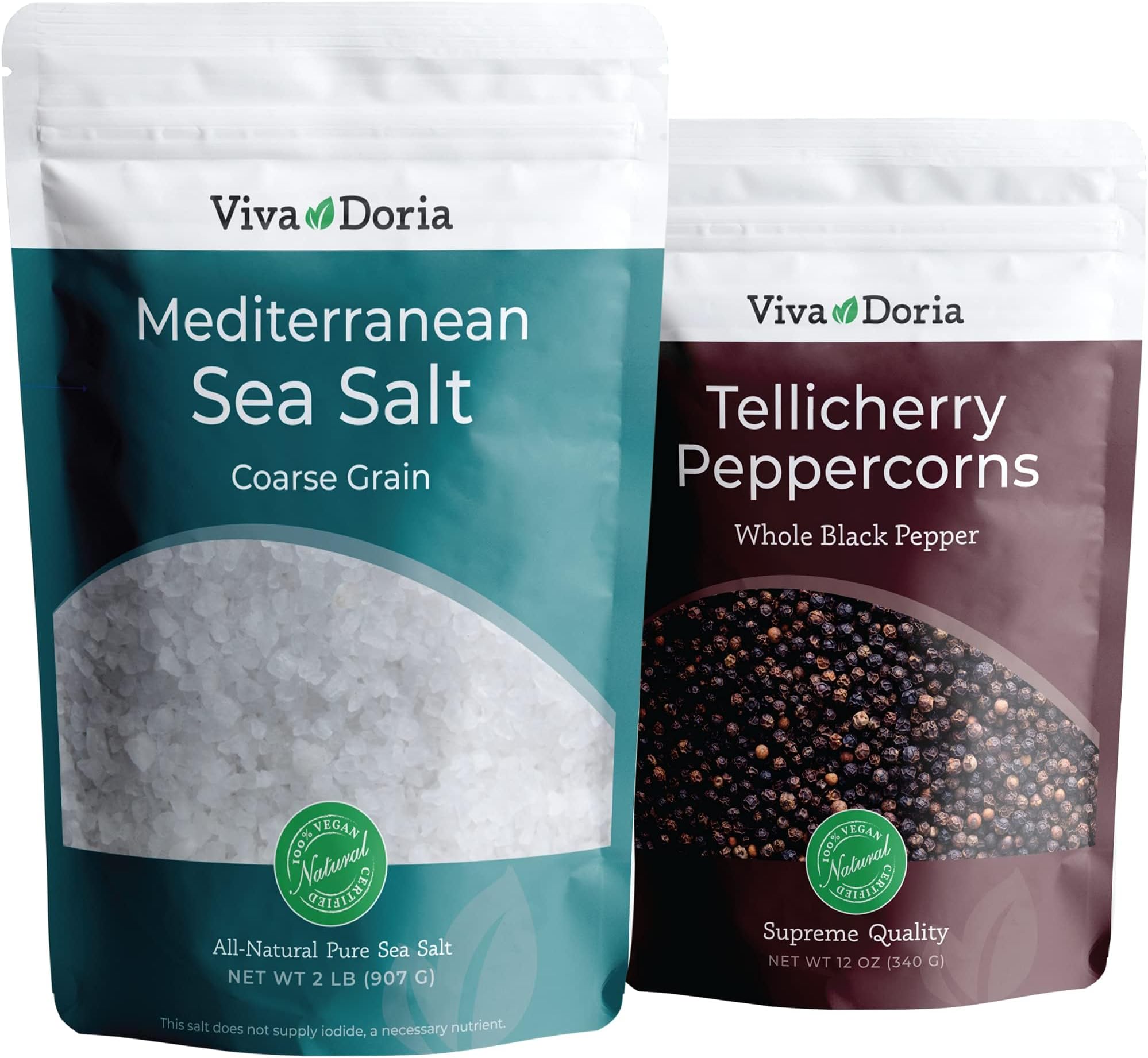 Tellicherry Black Peppercorn, Whole Black Pepper, Black Peppercorns, 340 Gram and Mediterranean Sea Salt, Coarse Grain, 907 Gram, For Grinder Refills (2 Set)