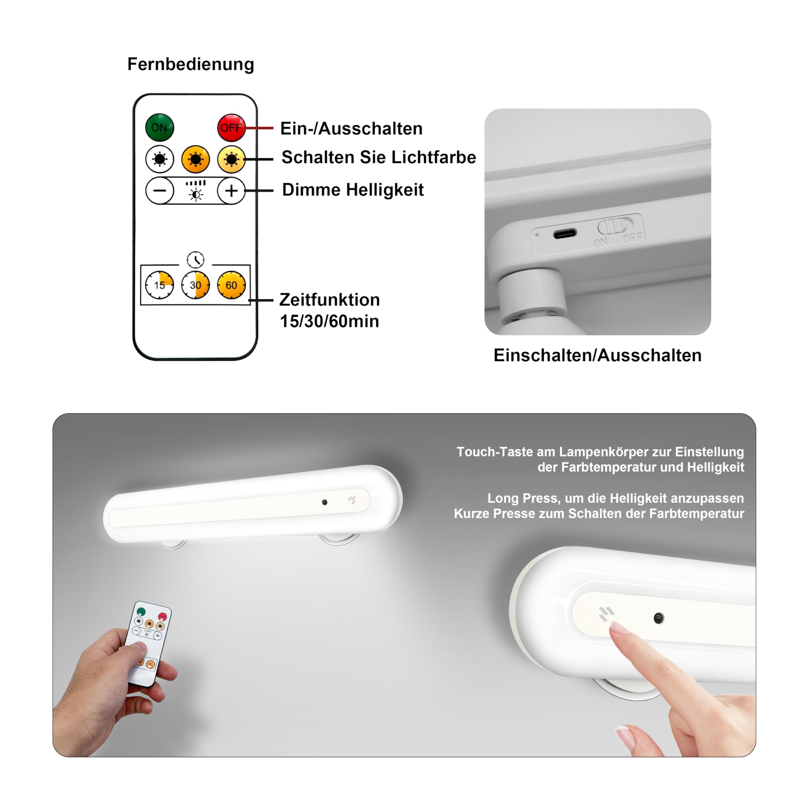 LED Schminktisch Dimmbar, 4000mAh Wiederaufladbar LED Spiegelleuchte Bad mit Fernbedienung, Kabellos Mirror Licht, Abnehmbare Magnet 360°Drehung Spiegellampe, Make-up Lampe, Weiss-2 Stück