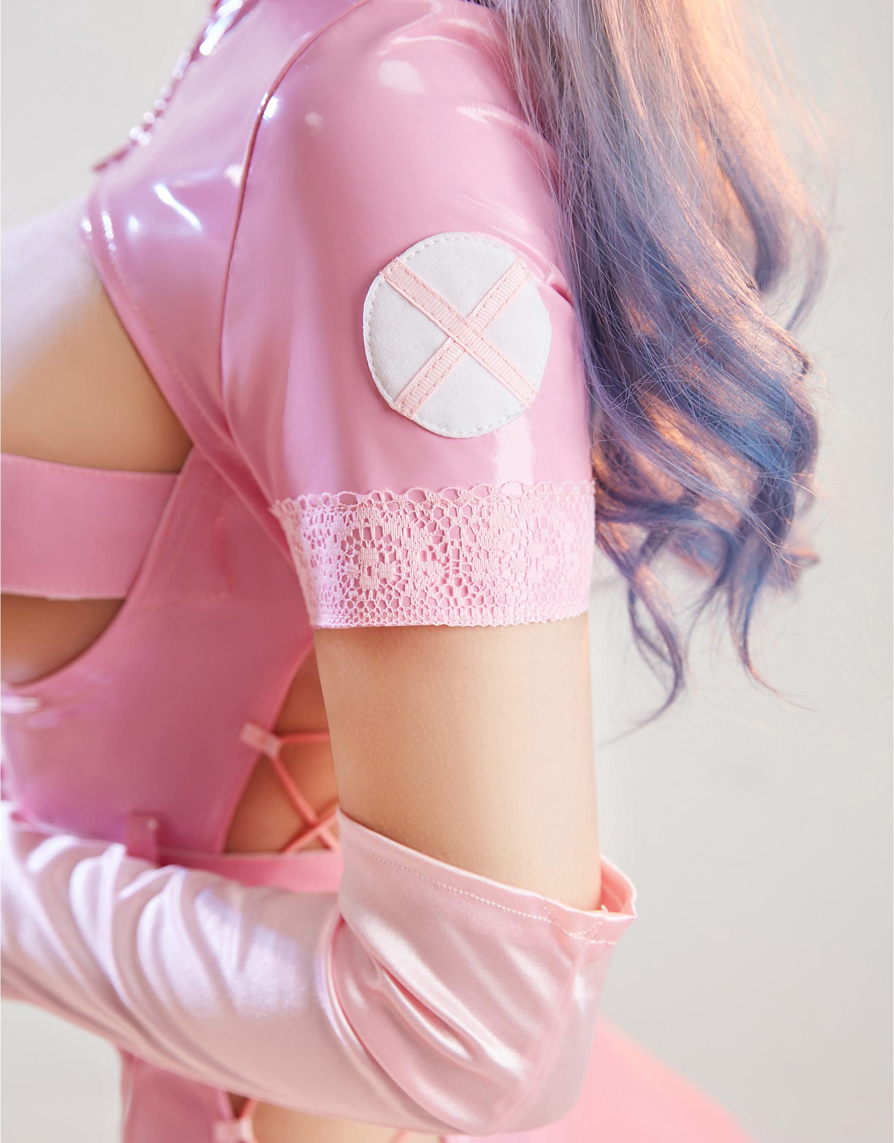 MEOWCOS Women's Nurse Costume Lingerie Dress Cutout Dress and Gloves with Hat and Thigh Socks: Pink Small