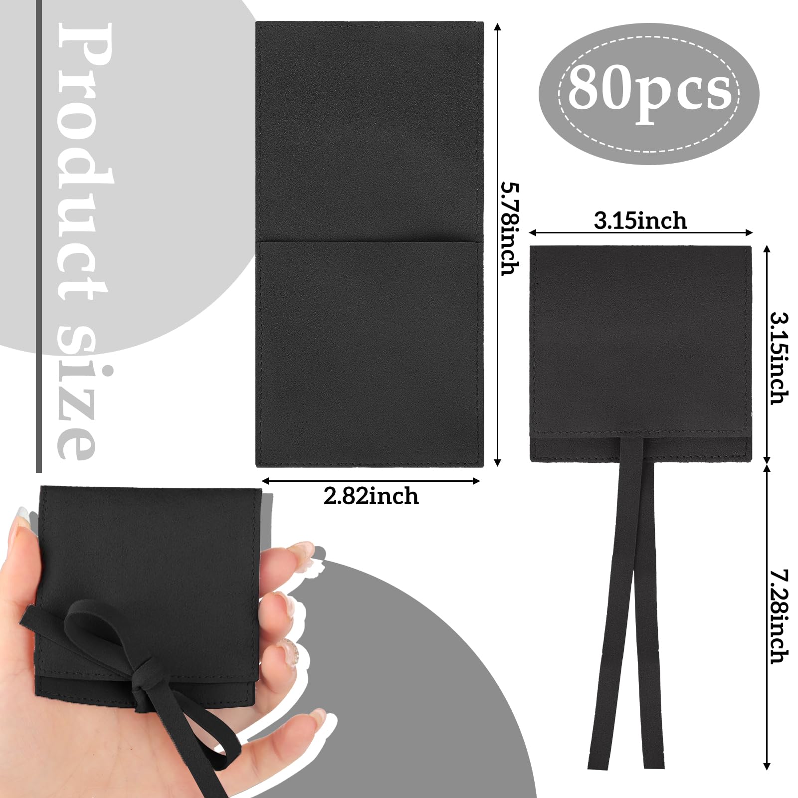 80 Pcs Microfiber Jewelry Pouch 3.15''/8cm Luxury Small Jewelry Gift Bag Jewelry Packaging for Small Business Envelope Style Bracelet Packaging Bow Tie Microfiber Pouch with Strings Divider (Black)