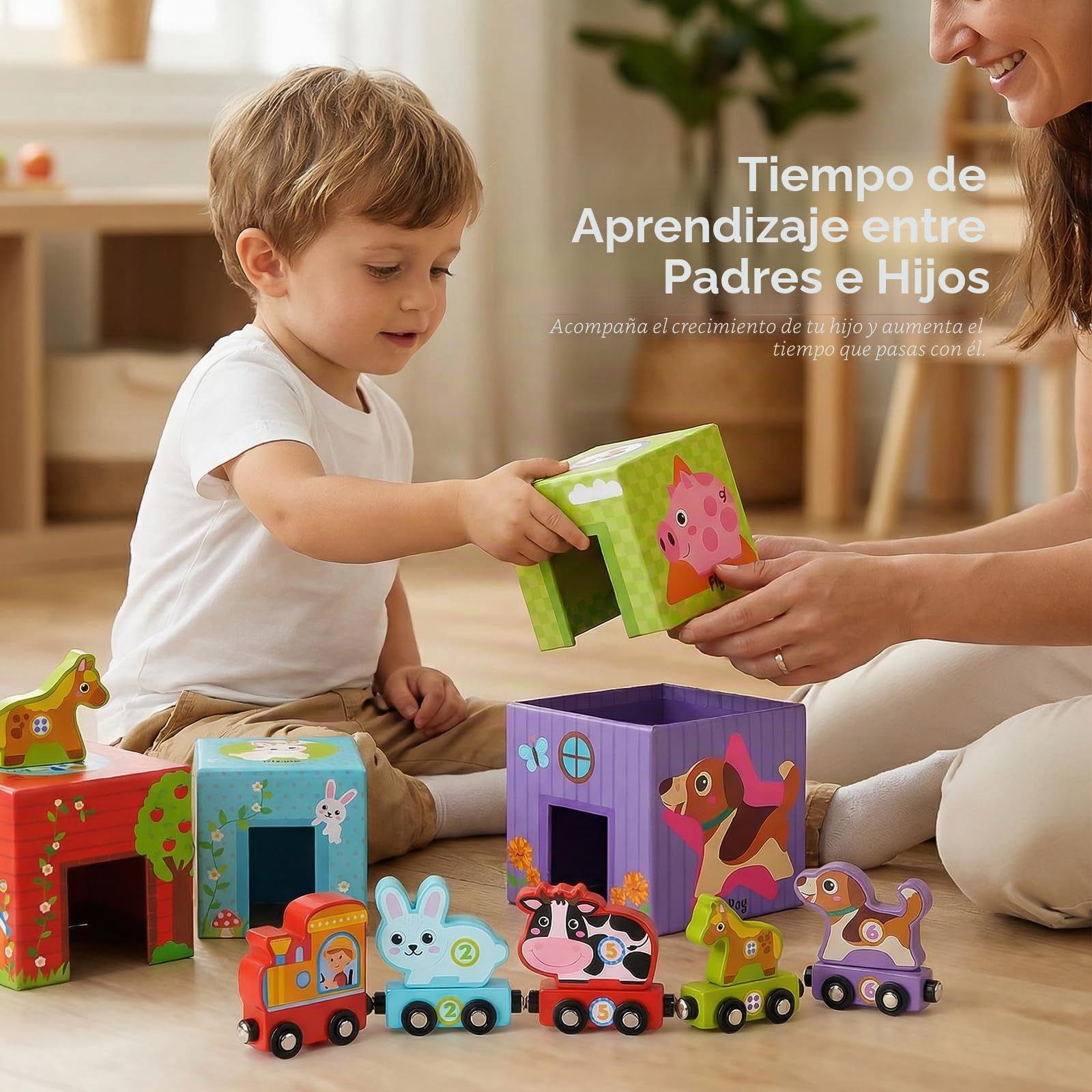 Atoylink Granja Cubos Apilables Bebe, Juguetes Montessori con 6 Cubos Apilables & 6 Animales Granja & 6 Tren Juguete de Madera, Juegos Educativos Aprender a Contar, Regalo para Niñas Niños 3 4 5 Años