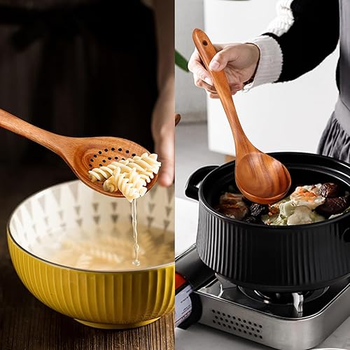 Miniatura 2 de Juego de utensilios de cocina de madera de teca de 6 piezas, herramientas de cocina antiarañazos y no tóxicas con espátula, espátula ranurada,