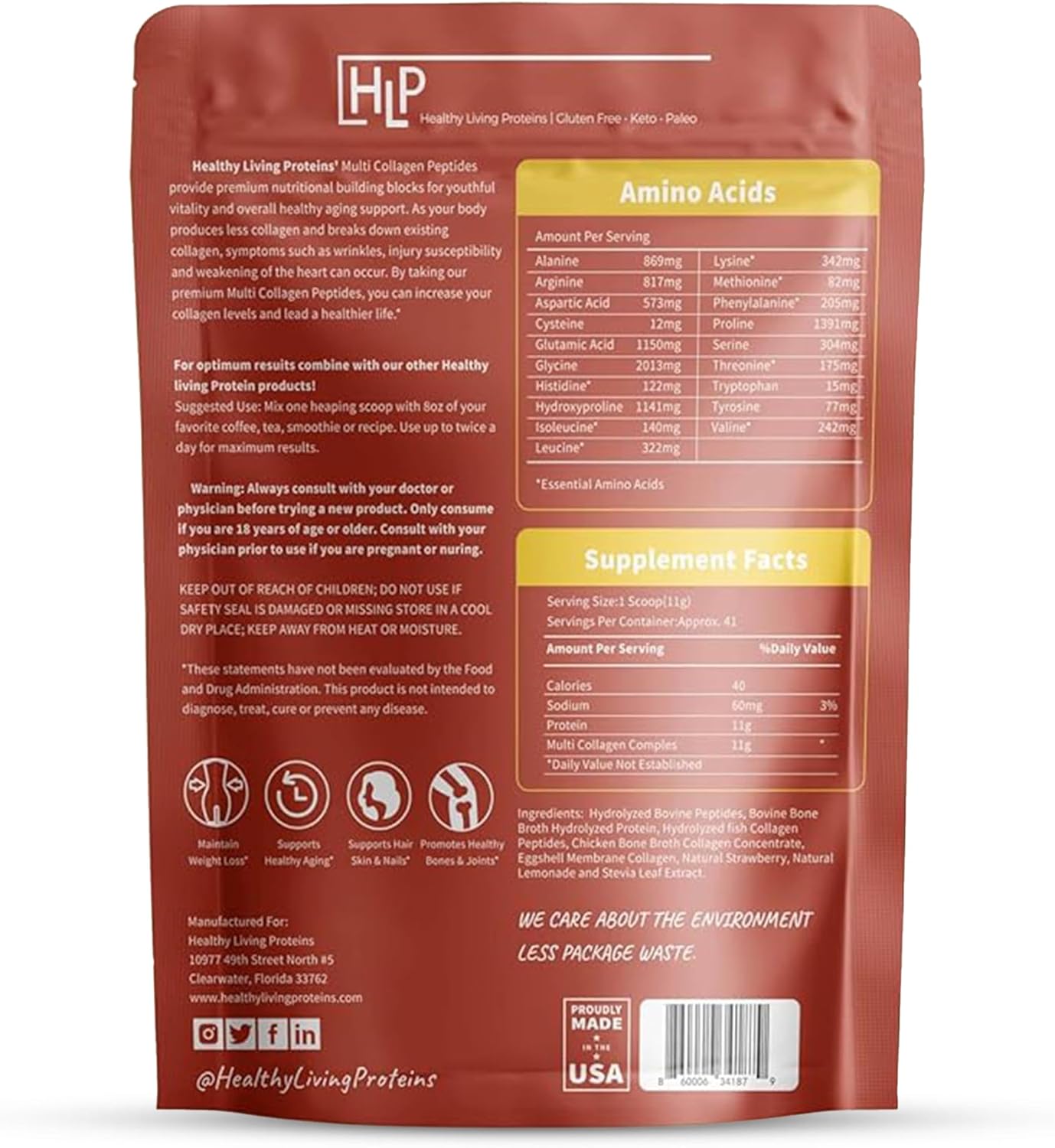 Healthy Living Proteins - Hydrolyzed Multi Collagen Peptides Powder Types I, II, III, V & X - Grass Fed Bovine, Wild Caught Marine, Free Range Chicken - Gluten Free (Strawberry-Lemonade, 16 oz)