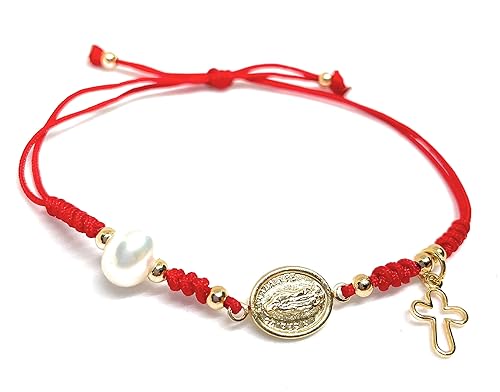 Red String Bracelet Guadalupe Virgin with Cultured Freshwater Pearl for Women - Pulsera roja virgen de guadalupe y Perla cultivada - Vero Silva