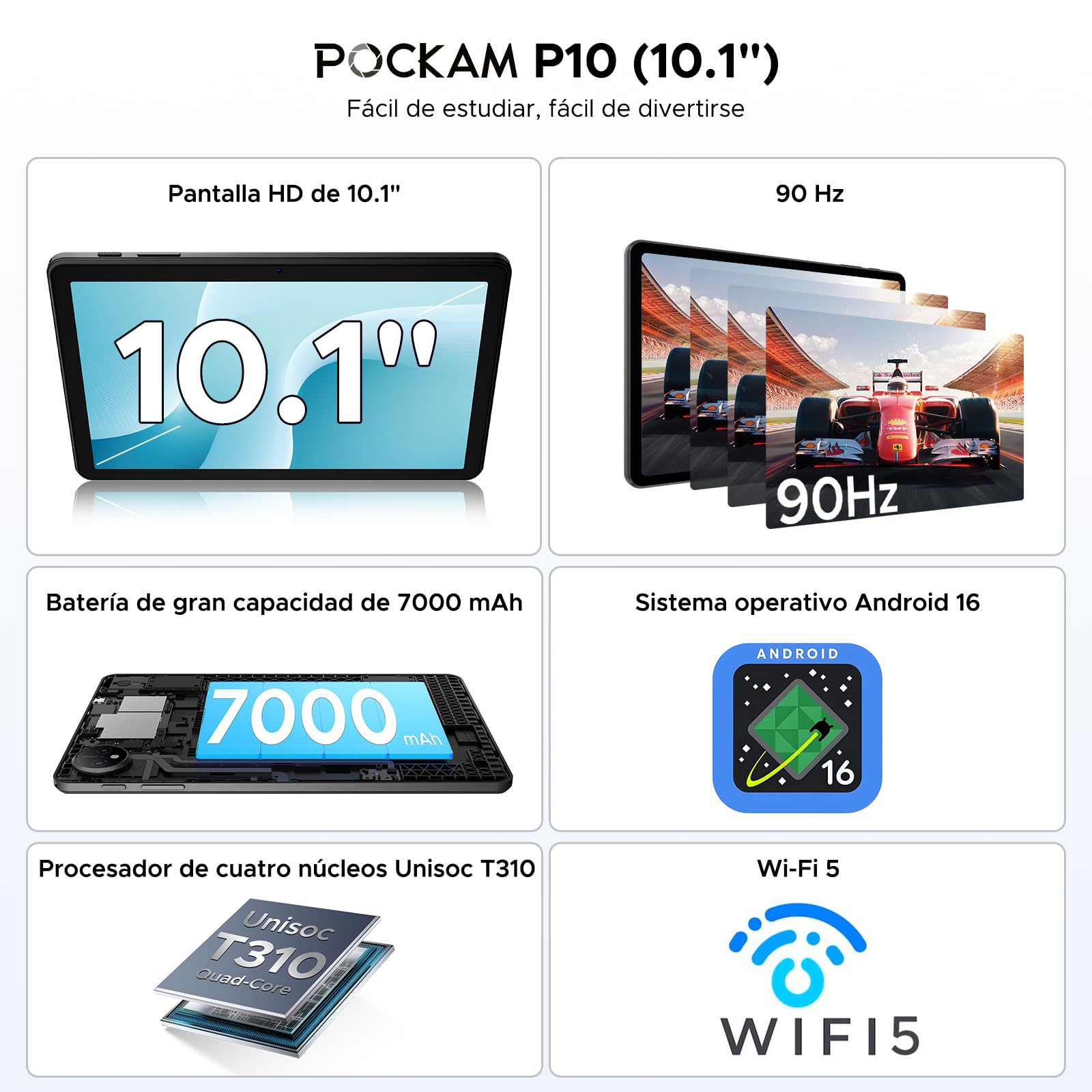 POPUX P10 Tablets Android, Tablet 10 Pulgadas, Tablet Android 16 con Gemini AI, 48GB RAM+128GB ROM, T310 CPU, 7000mAh, 8MP+5MP, 90Hz, Widevine L1, Bluetooth 5.0, Tablet con Teclado, Azul - 3