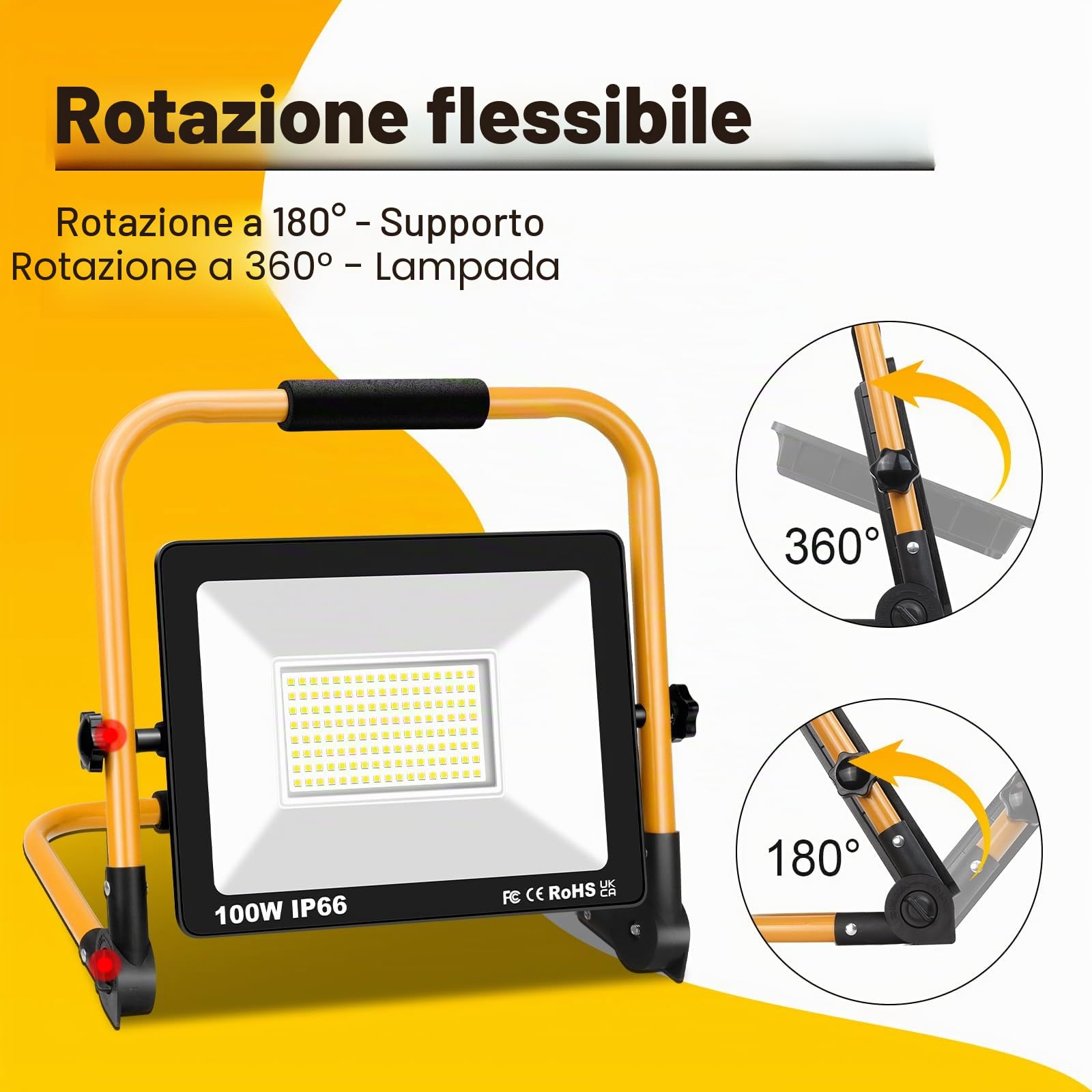 SKYWORLD Faro da Cantiere, 100W 10000LM Faretto Led Interno Portatile | Proiettore Led con Staffa Pieghevole, 3M Cavo e EU Spina per Cantiere Officina Garage Industriale Giardino, 6000K Bianco
