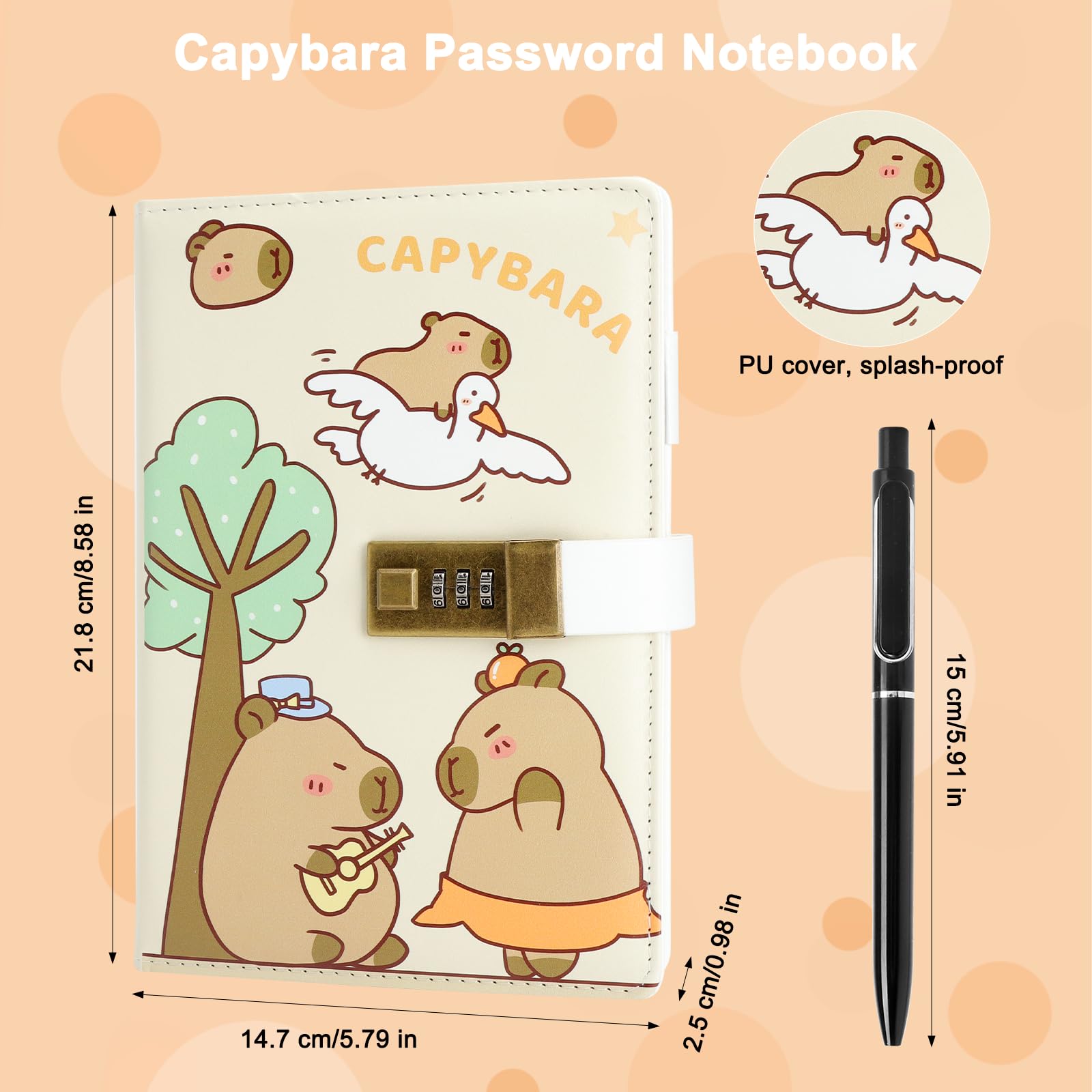 Capybara dziennik z zamkiem dla dzieci – notatnik A5 z zamkiem szyfrowym, 256 stron, dziennik dla dzieci z zamkiem dla chłopców i dziewczynek, w zestawie pisak ze stali nierdzewnej 0,5 mm