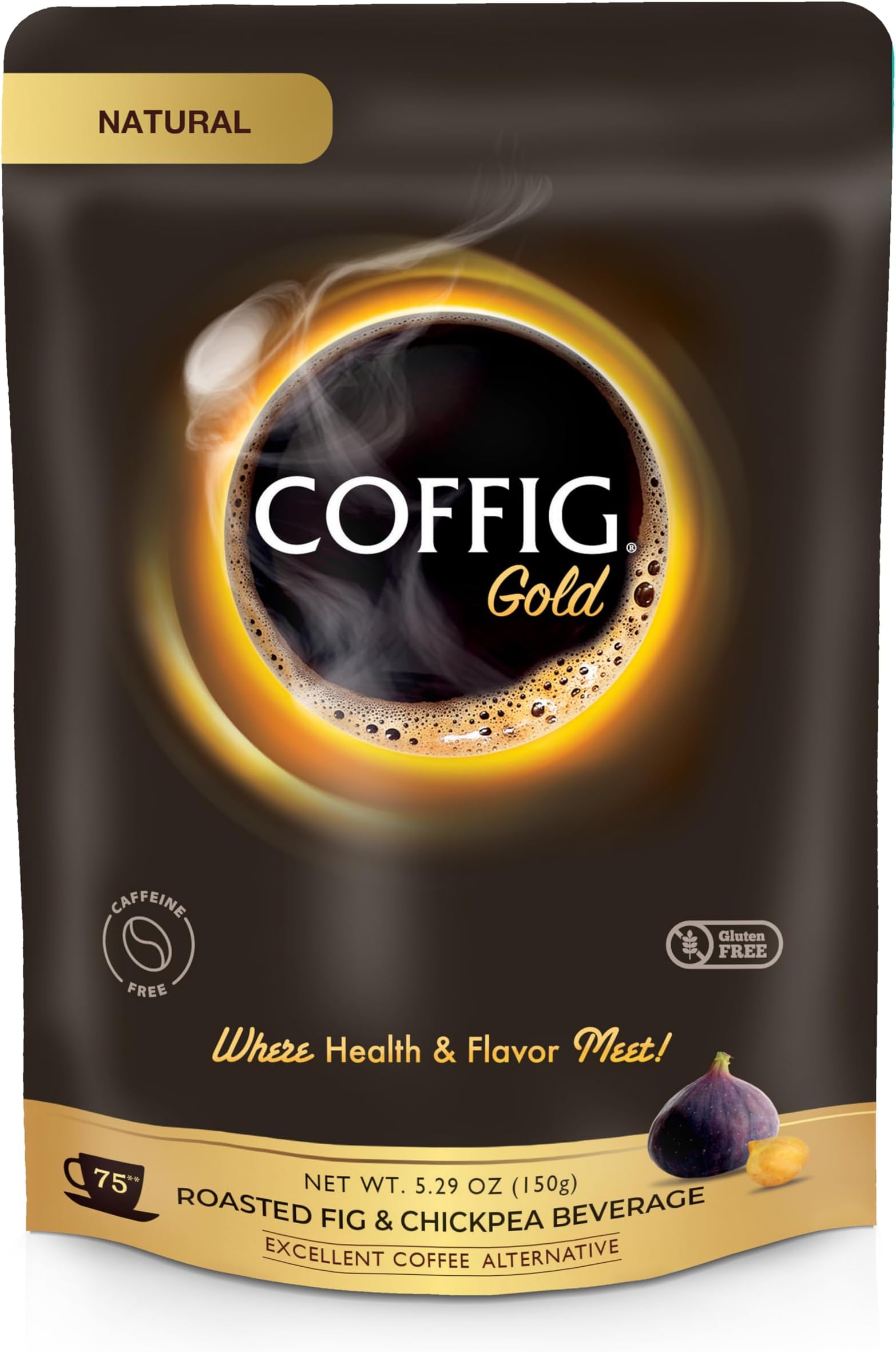 COFFIGGold - Coffee Substitute & Alternative - Roasted Fig & Chickpea Coffee - Caffeine Free Herbal Energy Drink & Healthy Beverage for Men & Women - Keto & Vegan Friendly - 5.29oz (150g)