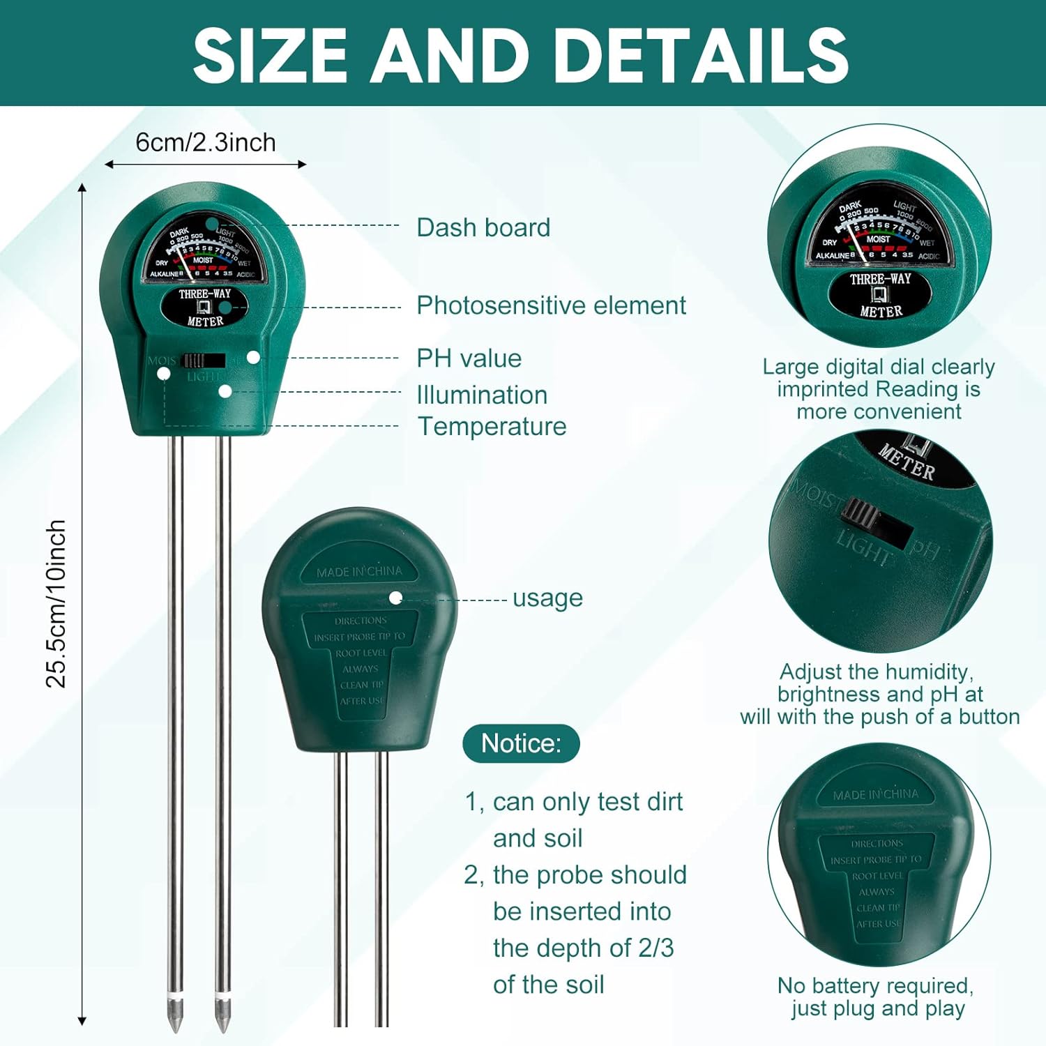 Sherr 4 Pieces Plant Moisture Meter 3 in 1 Soil Moisture Meter for House Plants pH Tester Moisture Monitor for Gardening Indoor Outdoor Lawn Patio Farm Plants, No Battery Required