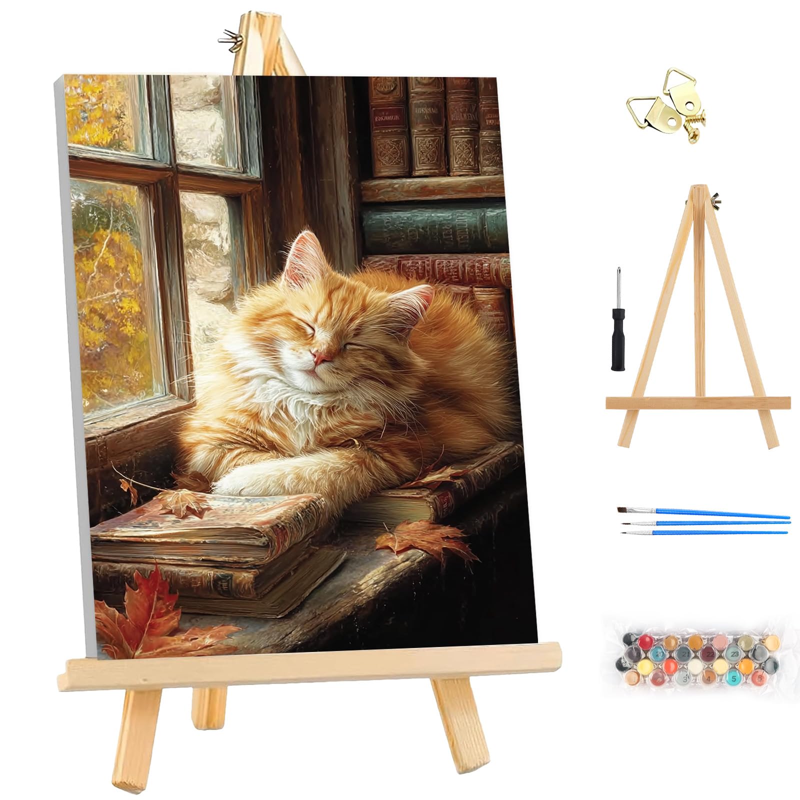 MEIYUDA Paint by Numbers Kits for Adult with Frame & Wooden Easel, Sleepy Cat DIY Canvas Oil Painting Kit for Adult or Beginner, Arts and Crafts Kit for Home Wall Decor 25x35cm