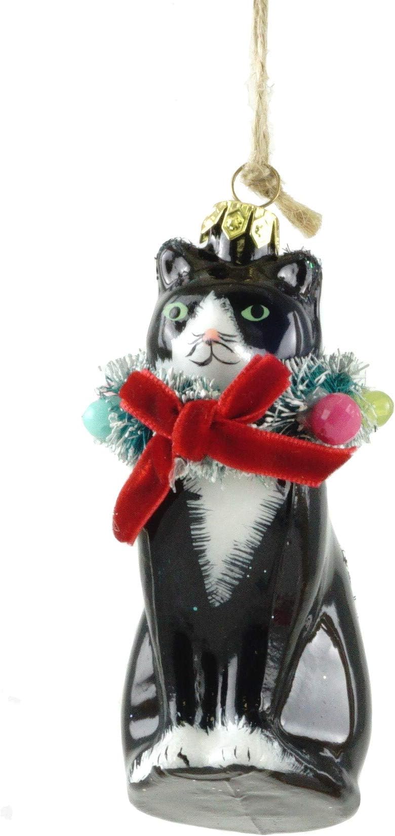 Cody Foster & Co Kitty Cat Wearing Christmas Wreath Glass Hanging Ornament