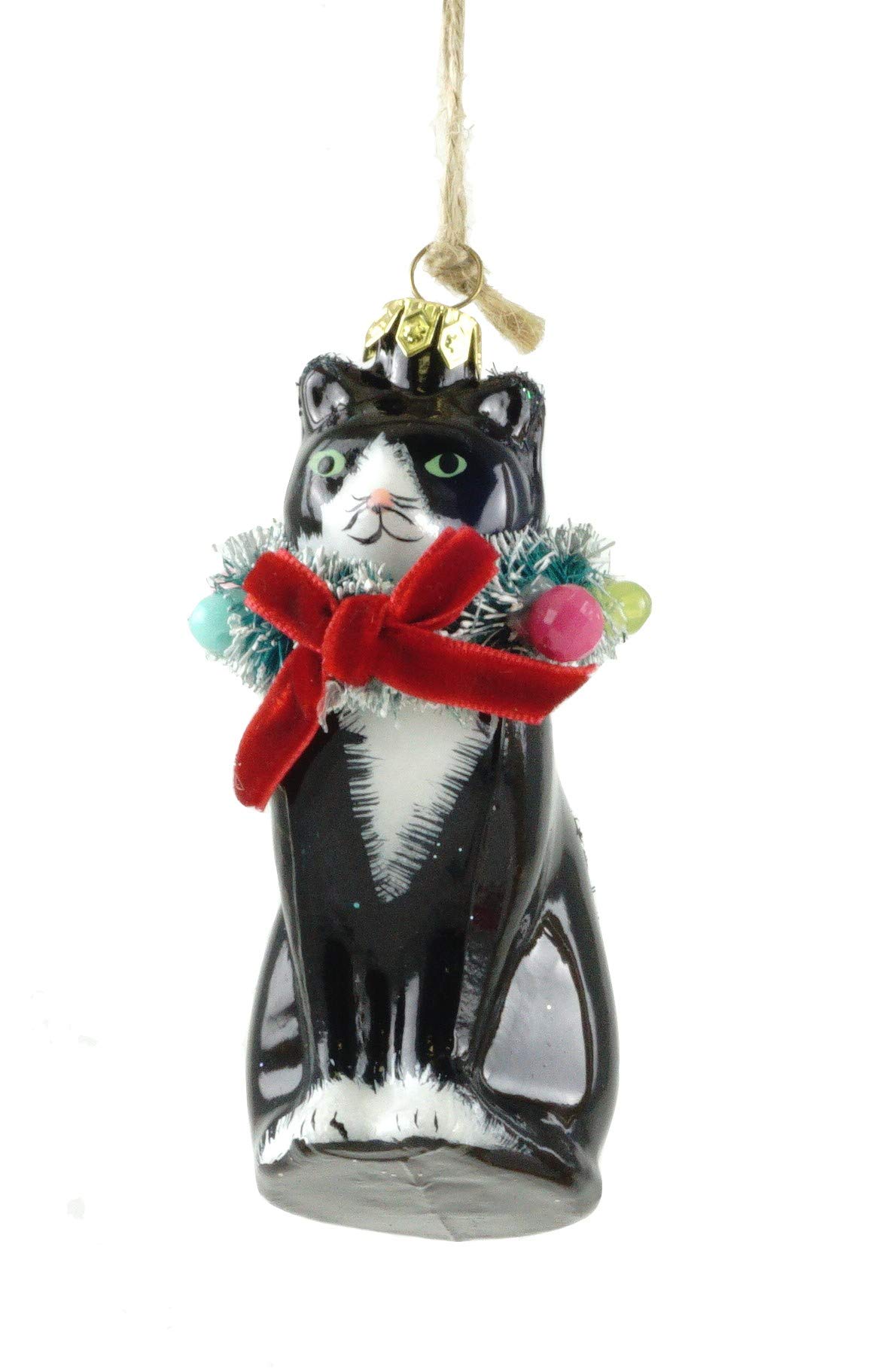 Cody Foster & Co Kitty Cat Wearing Christmas Wreath Glass Hanging Ornament