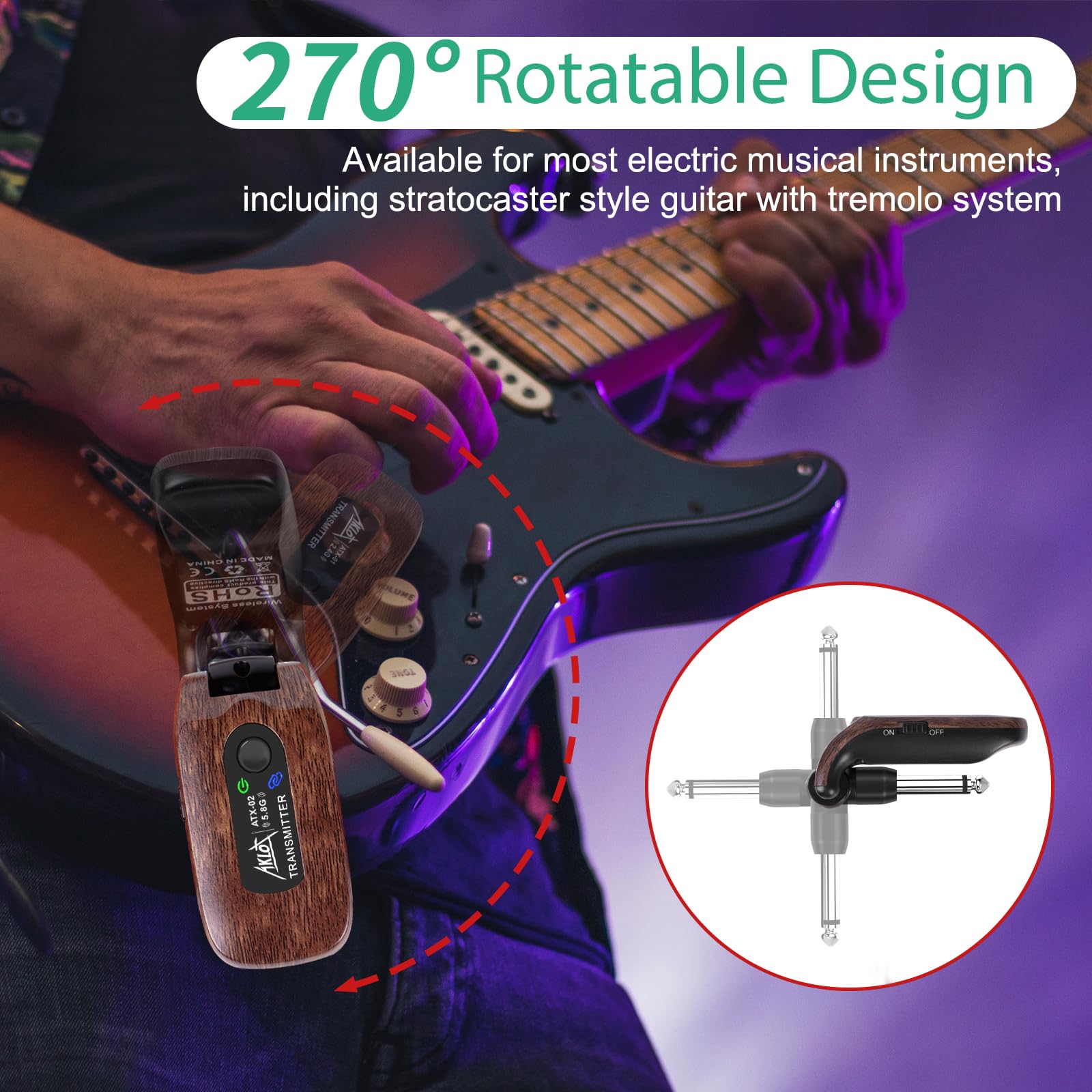 Transmisor y Receptor Inalámbrico de Guitarra,AKLOT 5.8 GHz Sistema Inalámbrico de Guitarra Eléctrica Piezas Batería de Litio Recargable Incorporada Digital para Guitarra Eléctrica Bajo