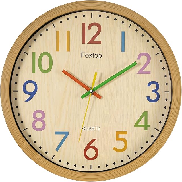 Foxtop Silent Kids Wall Clock 12 Inch Non-Ticking Battery Operated Colorful Decorative Clock for Children Nursery Room Bedroom School Classroom - Easy to Read (Colorful Numbers, 12 inch)
