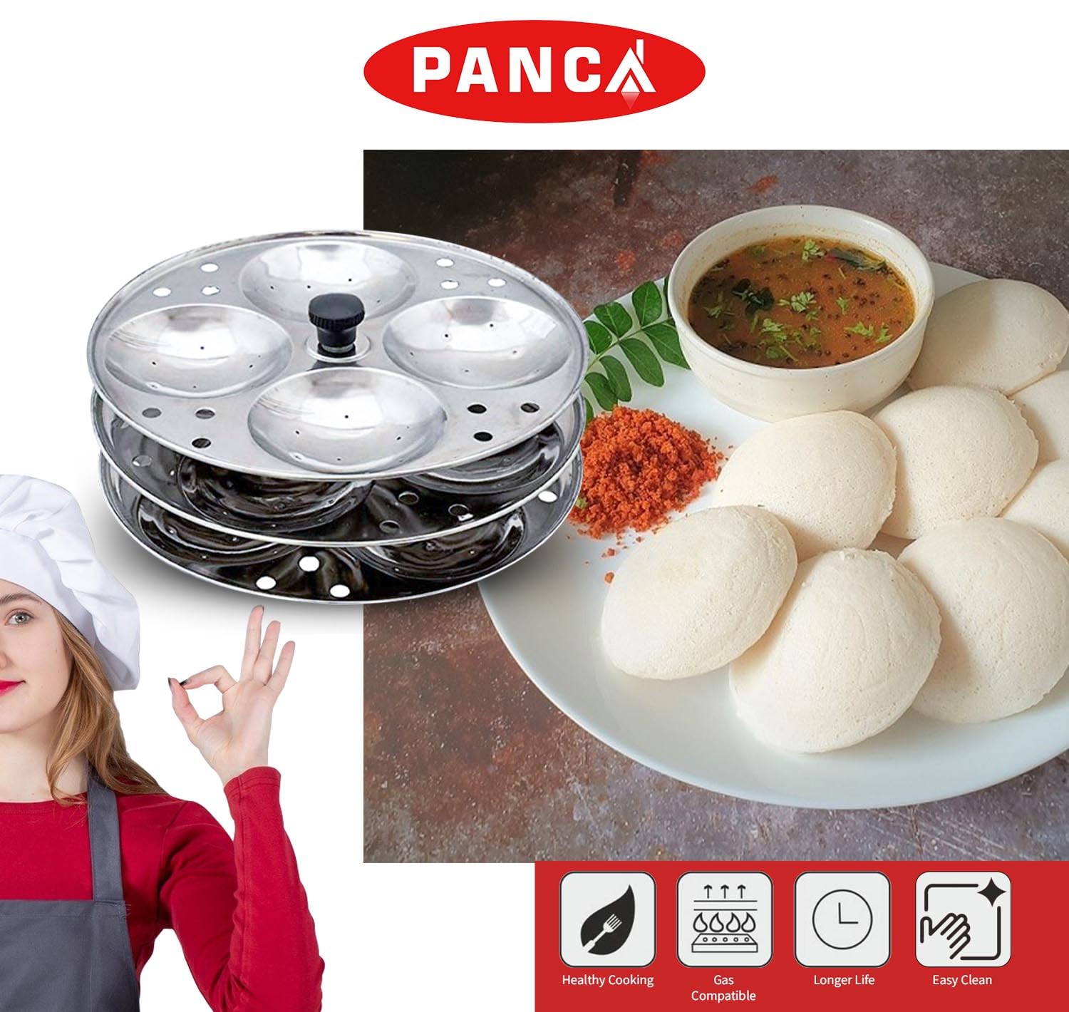 PANCA Stainless Steel Non Stick Idli Plates Idli Maker| Idli Stand with Holes for Pressure Cooker, 3 Plate, 7 Liter, Silver 1
