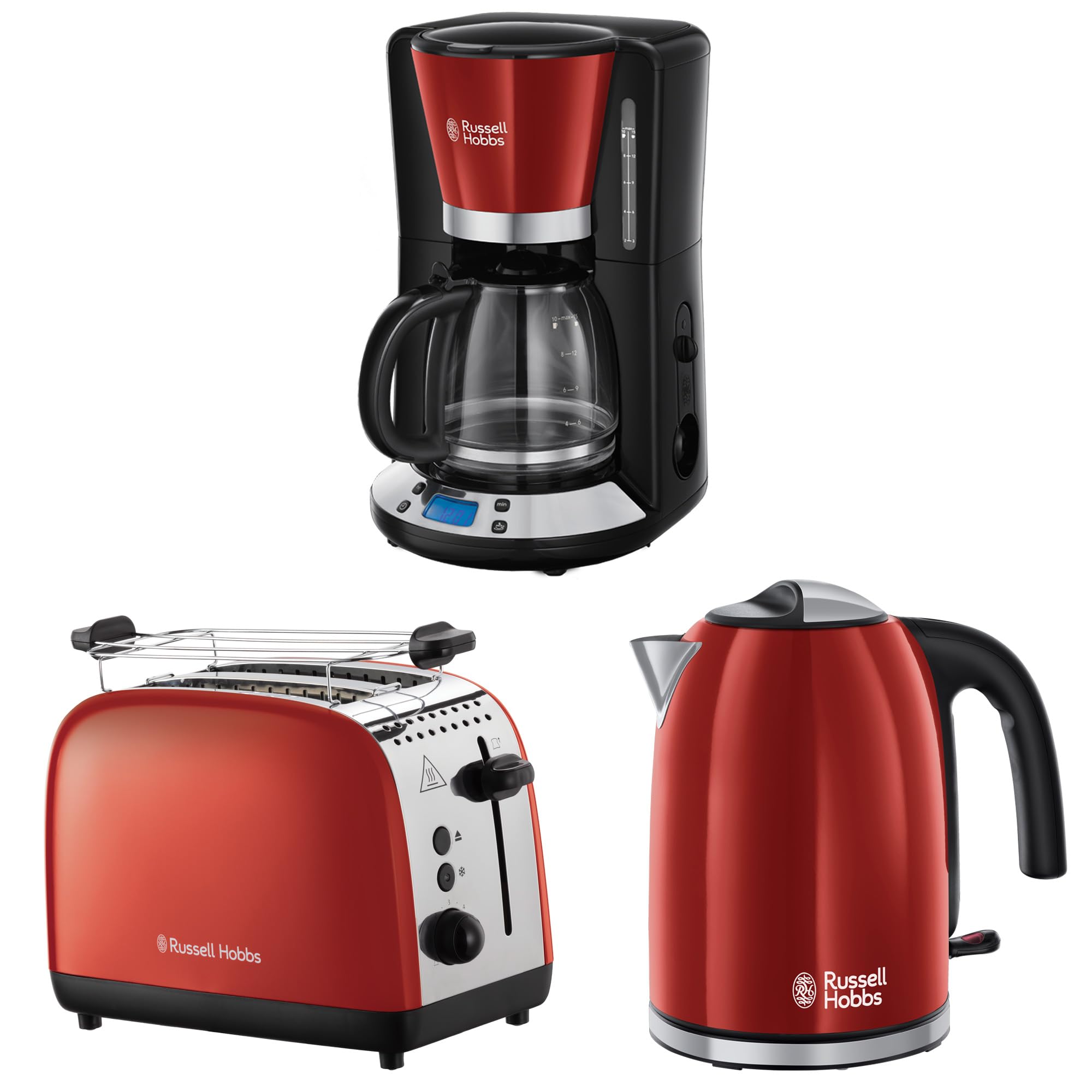 Russell Hobbs Frühstücksset Colours+ Rot: Kaffeemaschine, Wasserkocher 1,7l 2400W, Toaster 2 Scheiben