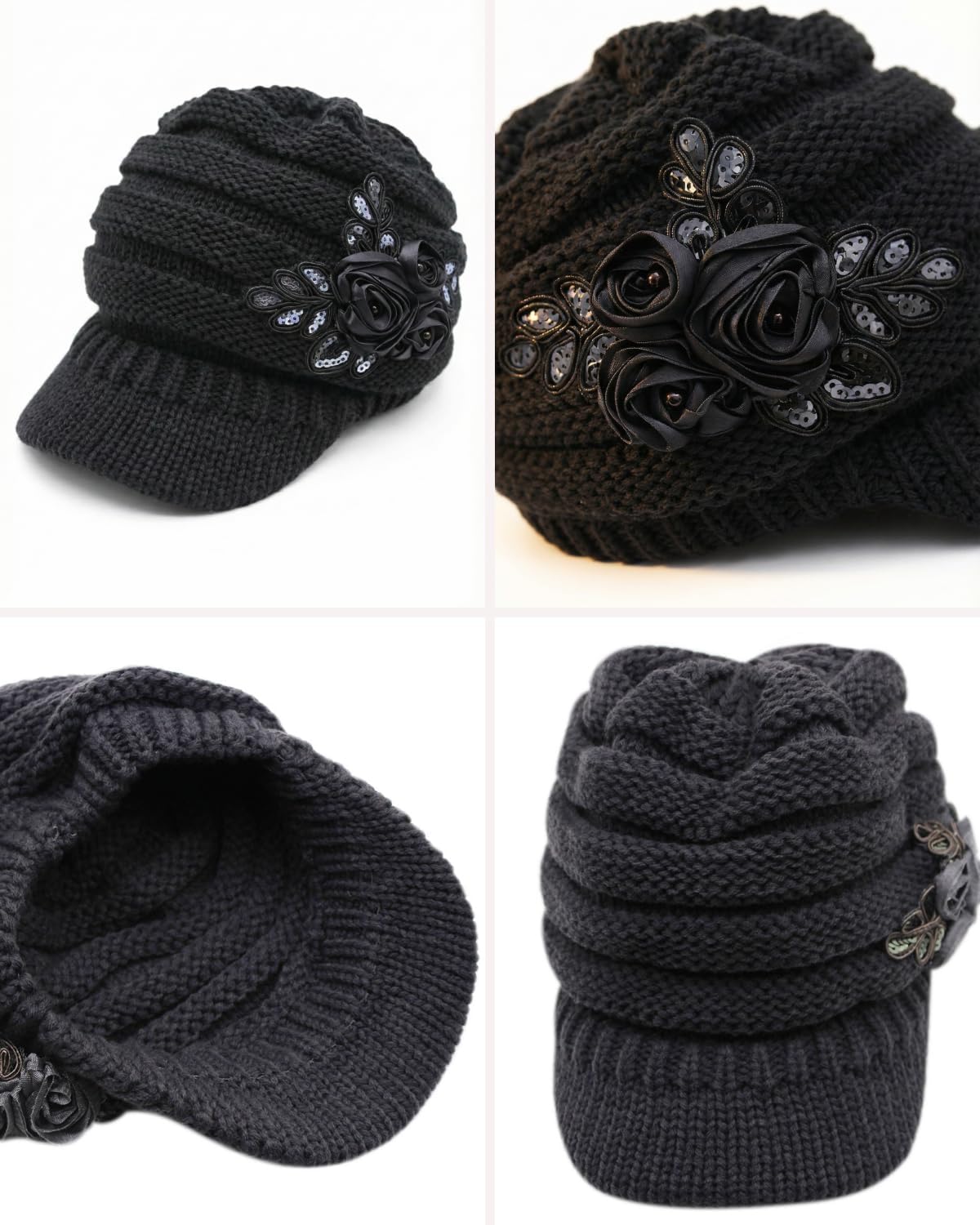 C-US Women Winter Warm Knit Hat Crochet Visor Brim Cap with Flower Accent - Image 2