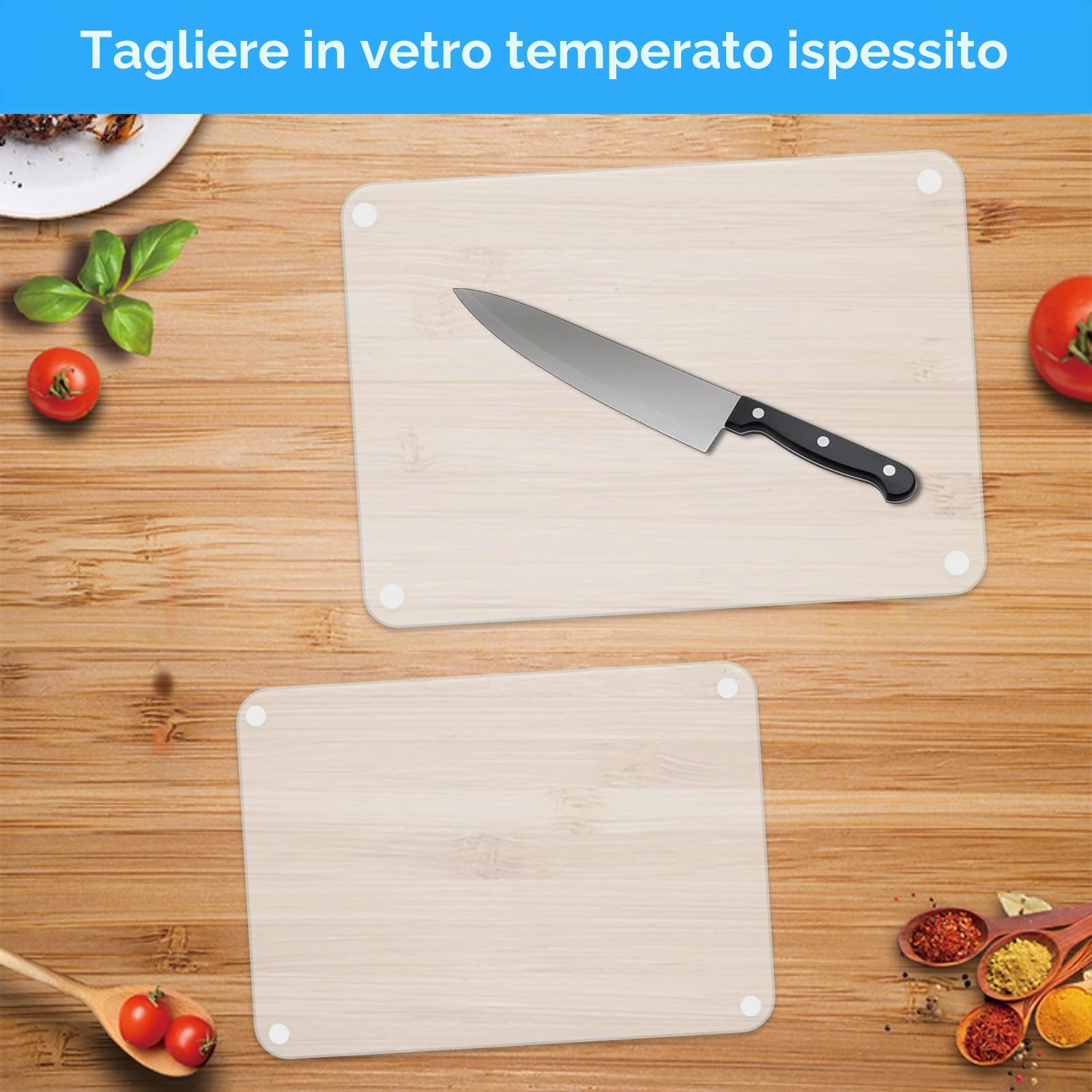 2Pcs Tagliere in vetro temperato,tagliere trasparente,Tagliere in vetro da cucina,con piedini in silicone antiscivolo,esistente al calore e ai graffi,per piano di lavoro cucina,tavolo(40*30cm+30*20cm)