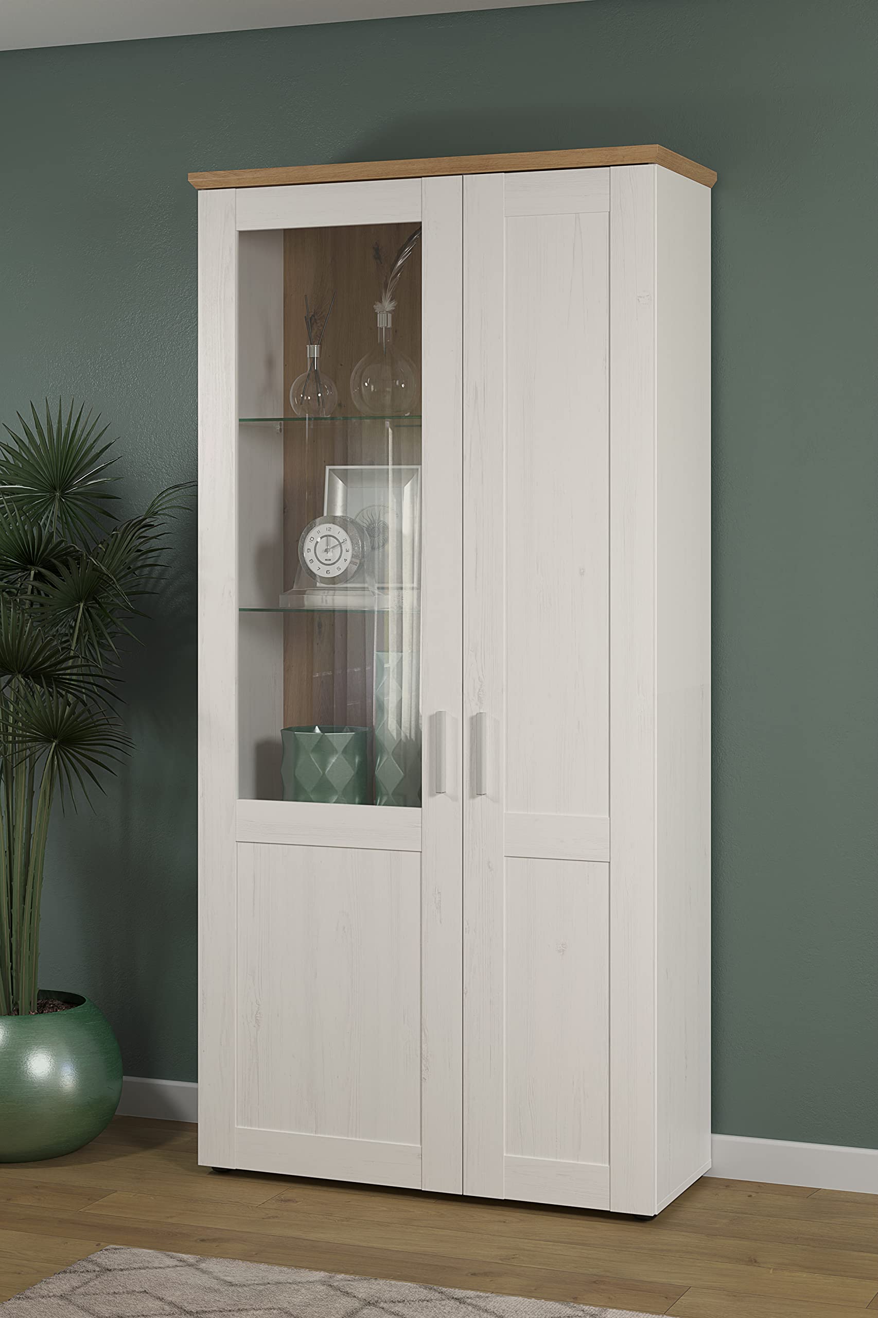 trendteam smart living - Shade - Vitrine - Andersen Pine Weiß/Artisan Eiche - Wohnzimmerschrank mit 9 Fächern - (BxHxT) 95 x 194 x 38 cm - Glasböden - kratzfest