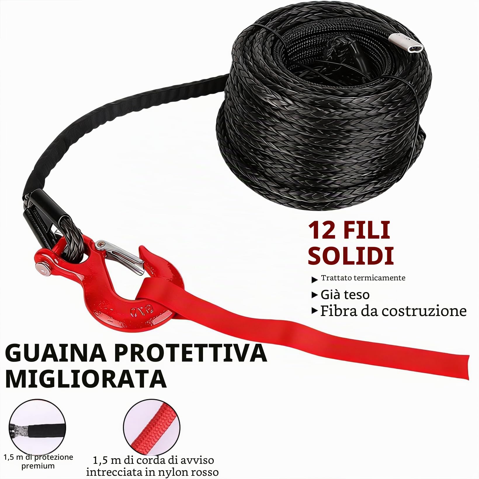 Corda Verricello, Corda Traino 8mm x 15M, Corda Sintetica 12 Fili con Copertura Protettiva e Gancio in Metallo, Corda Forestale Forza Massima di Trazione 6000KG, per ATV UTV SUV Camion Barca Offroad