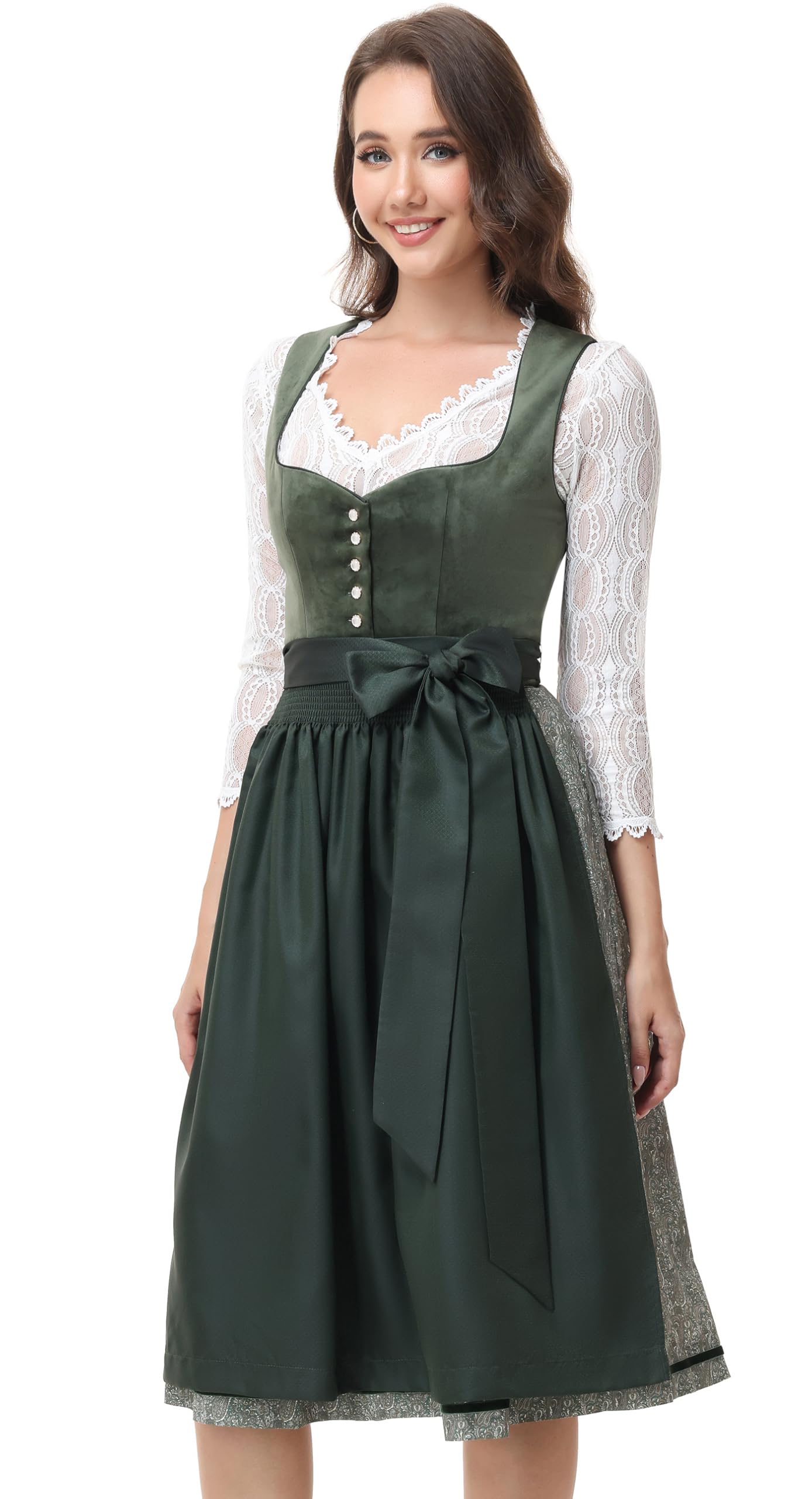 ELFIN Damen Midi Dirndl Samt Trachten Dirndlkleid Elegante Trachtenkleid für Oktoberfest inkl. Dirndlschürze Gr. 34-46