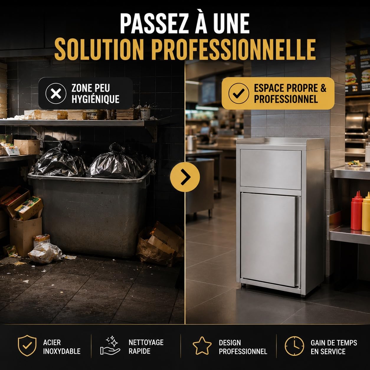 Générique Poubelle Snack Inox Professionnelle 60L – Ouverture Frontale – Acier Inoxydable – Fast Food, Restaurant, Collectivité – 500x530x1200 mm