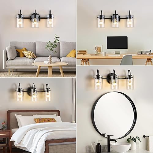 Miniatura 5 de 3 luces de tocador, lámparas de pared de baño negro mate sobre el espejo, aplique de pared moderno con pantalla de vidrio transparente, lámpara de