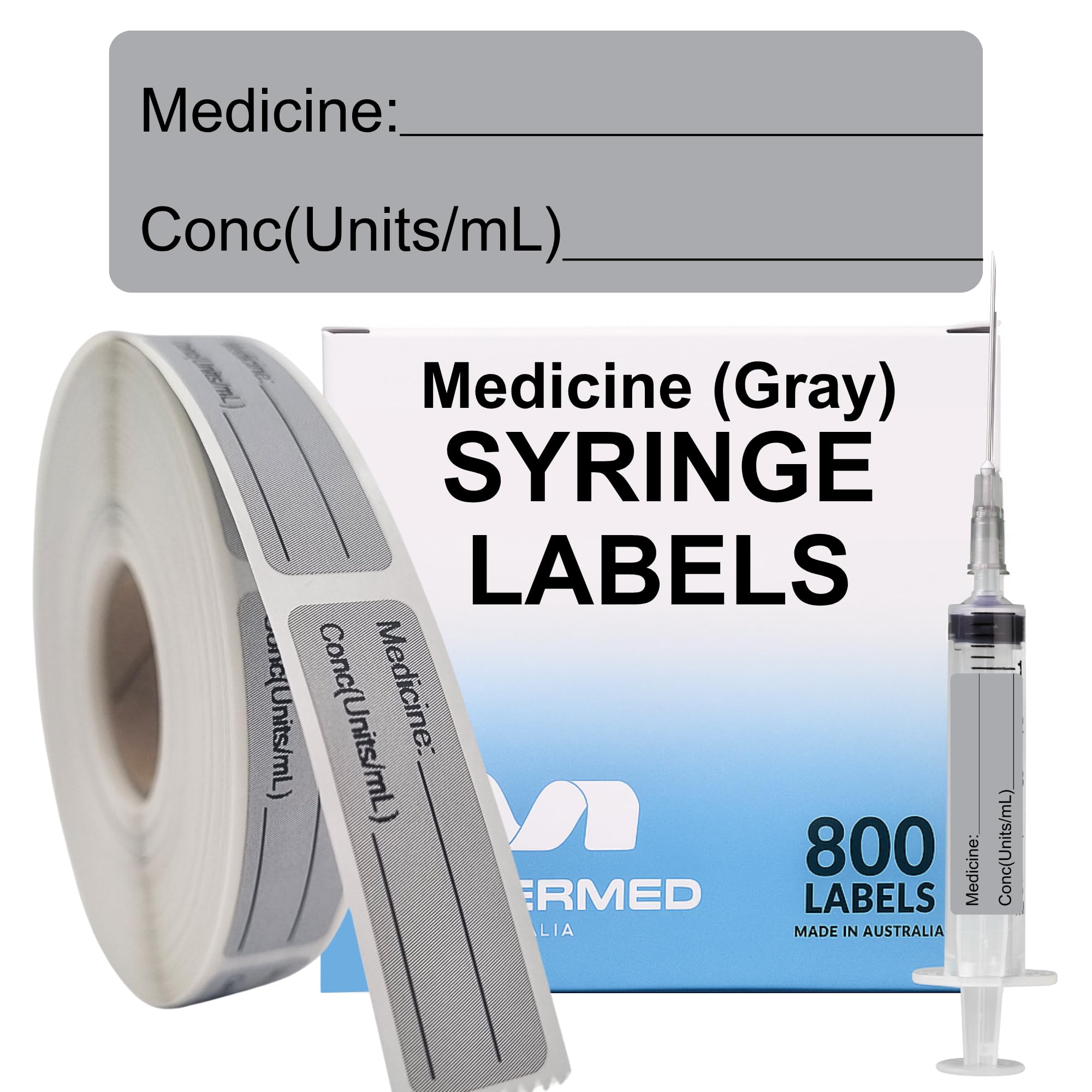 Gray Medicine Syringe Labels (Units/mL) - 800 Medication Labels Stickers, 12mm x 40mm, for Hospitals, Pharmacy &amp; Vet
