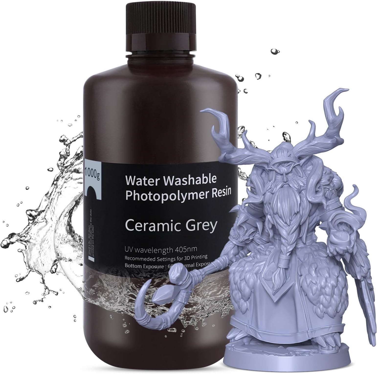 Deeplee ELEGOO 3D Printer Resin Water Wash Resin 405nm Rapid UV Curing Standard Photopolymer Resin Easy to Clean High Accuracy Low Odor for LCD 3D Printing Grey 1000g