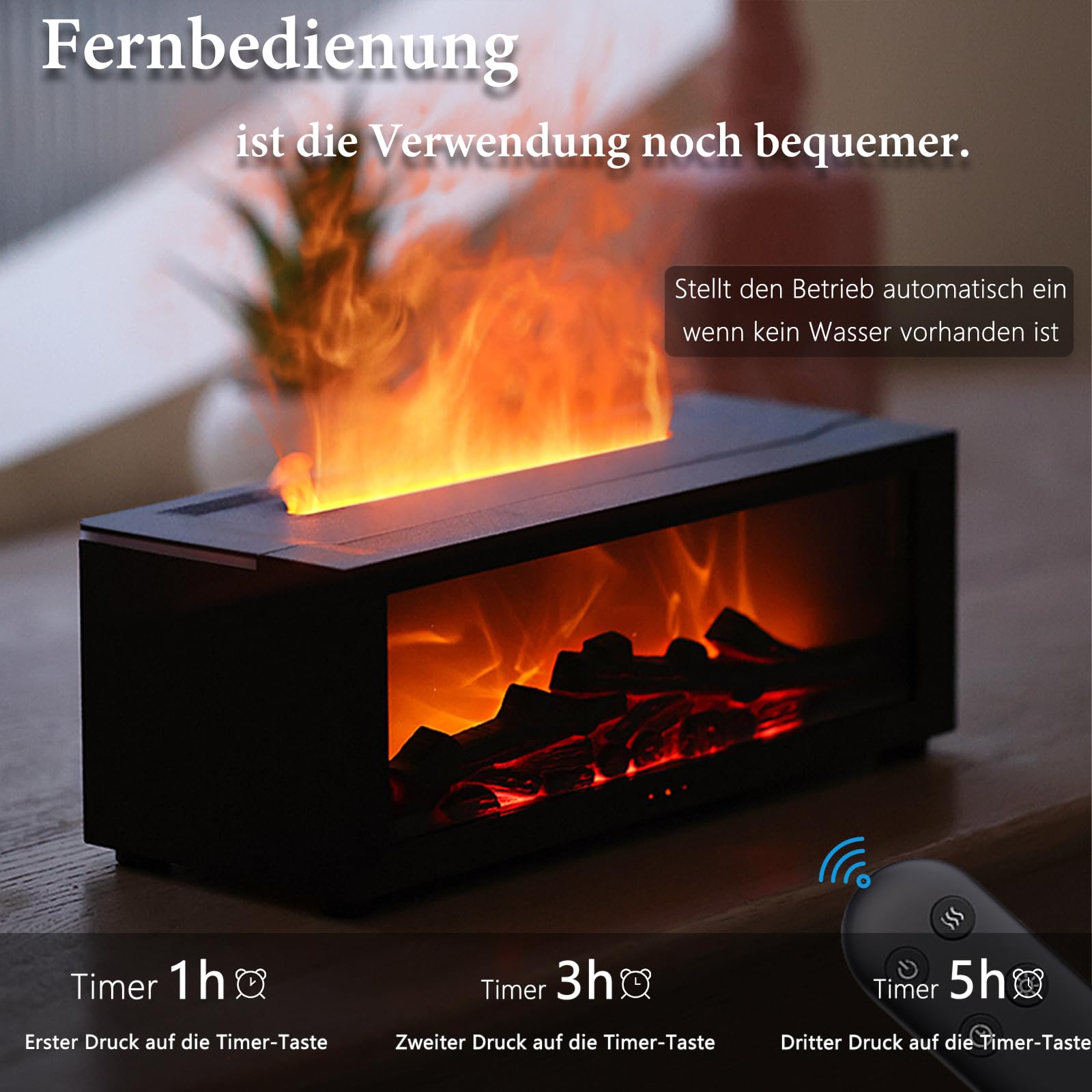 Aroma Diffuser mit LED Kamin, Duftöl Diffusor für Ätherische Öle mit 7-Farben-Licht Flammeneffekt, 150ml Luftbefeuchter mit Fernbedienung, 4 Timer, Wasserlose Abschaltautomatik (Schwarz)